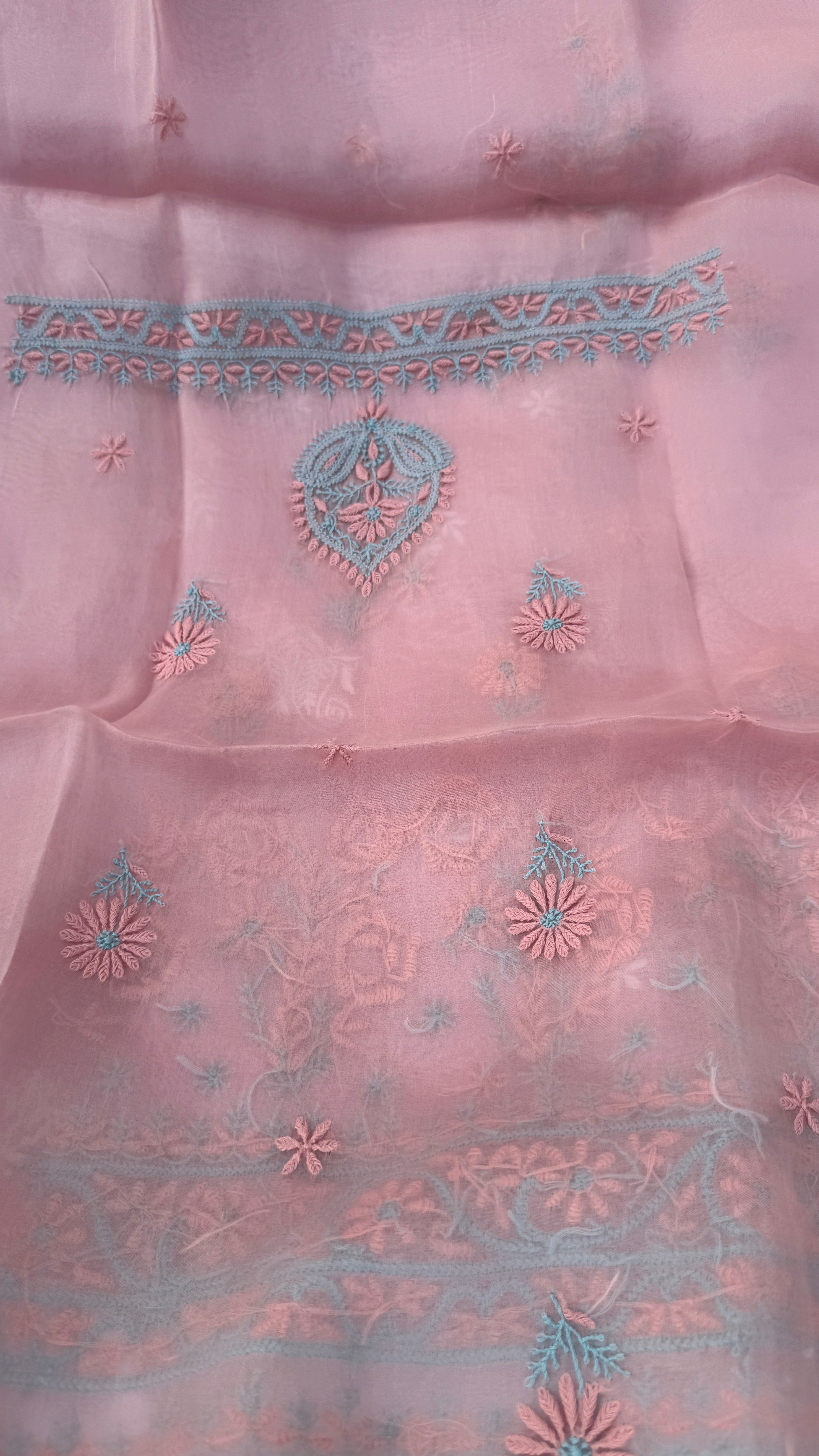 Pure Organza Lucknow Chikankari Unstitched Suit Set -Peach Pink