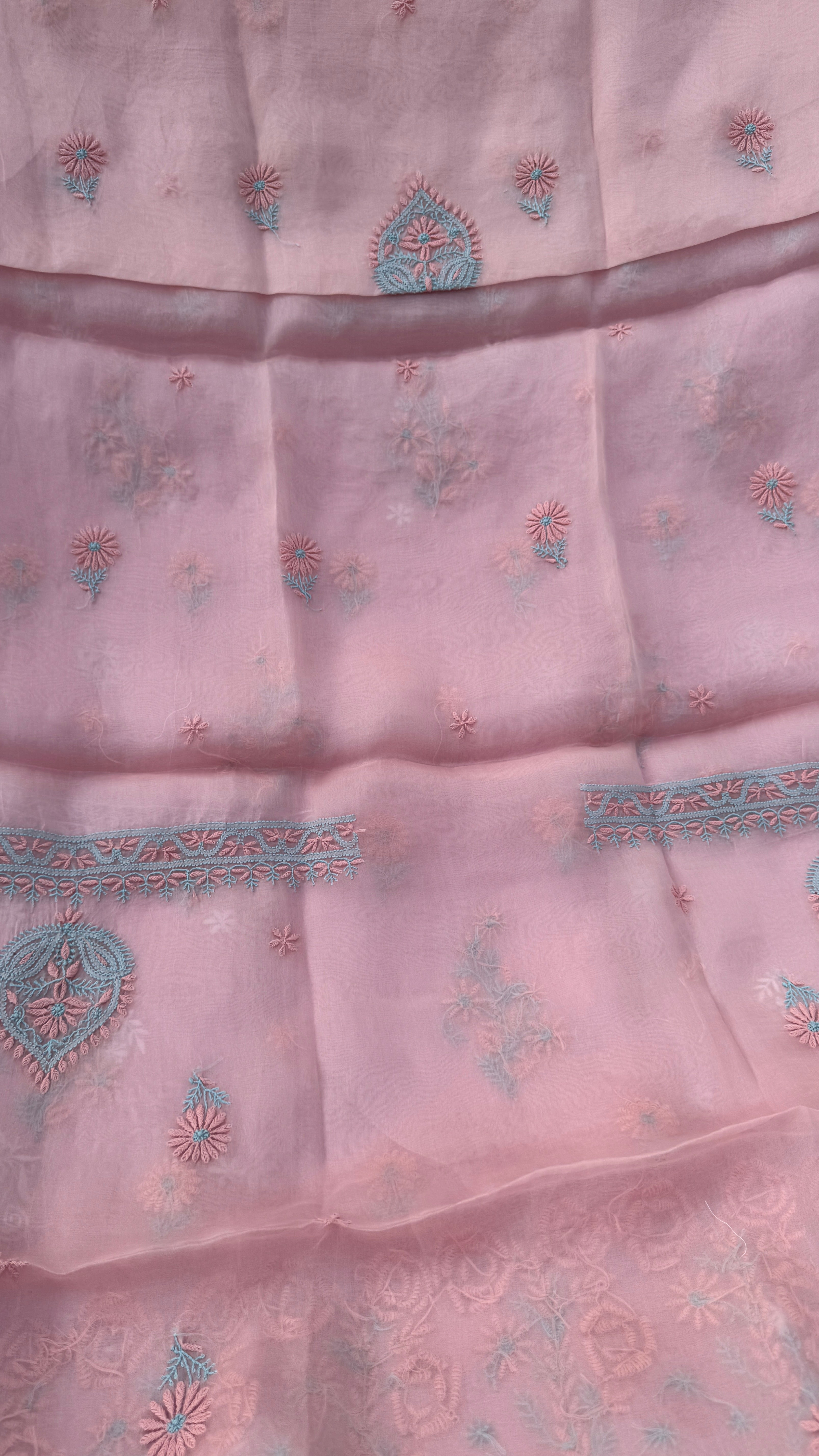 Pure Organza Lucknow Chikankari Unstitched Suit Set -Peach Pink