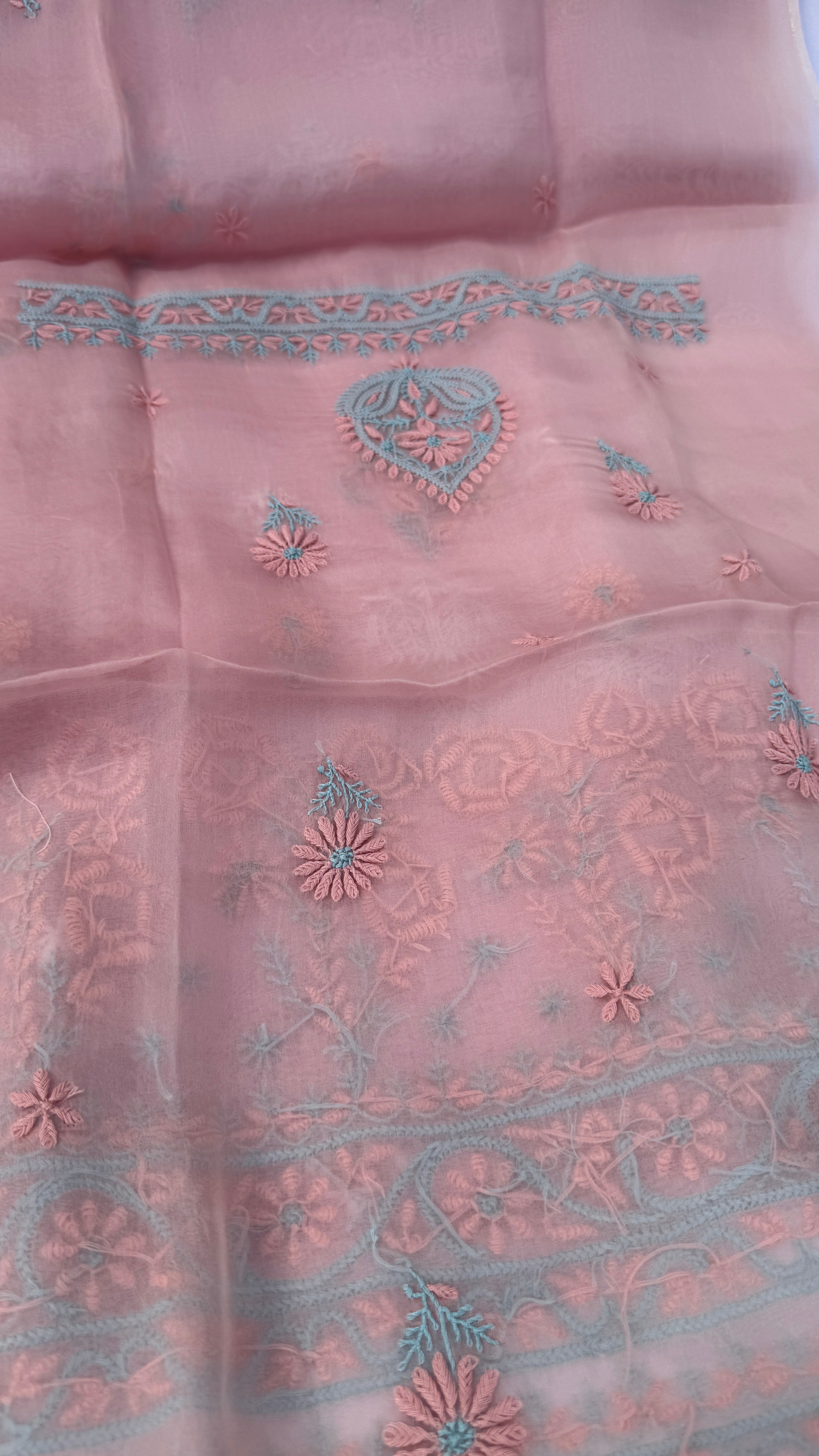 Pure Organza Lucknow Chikankari Unstitched Suit Set -Peach Pink