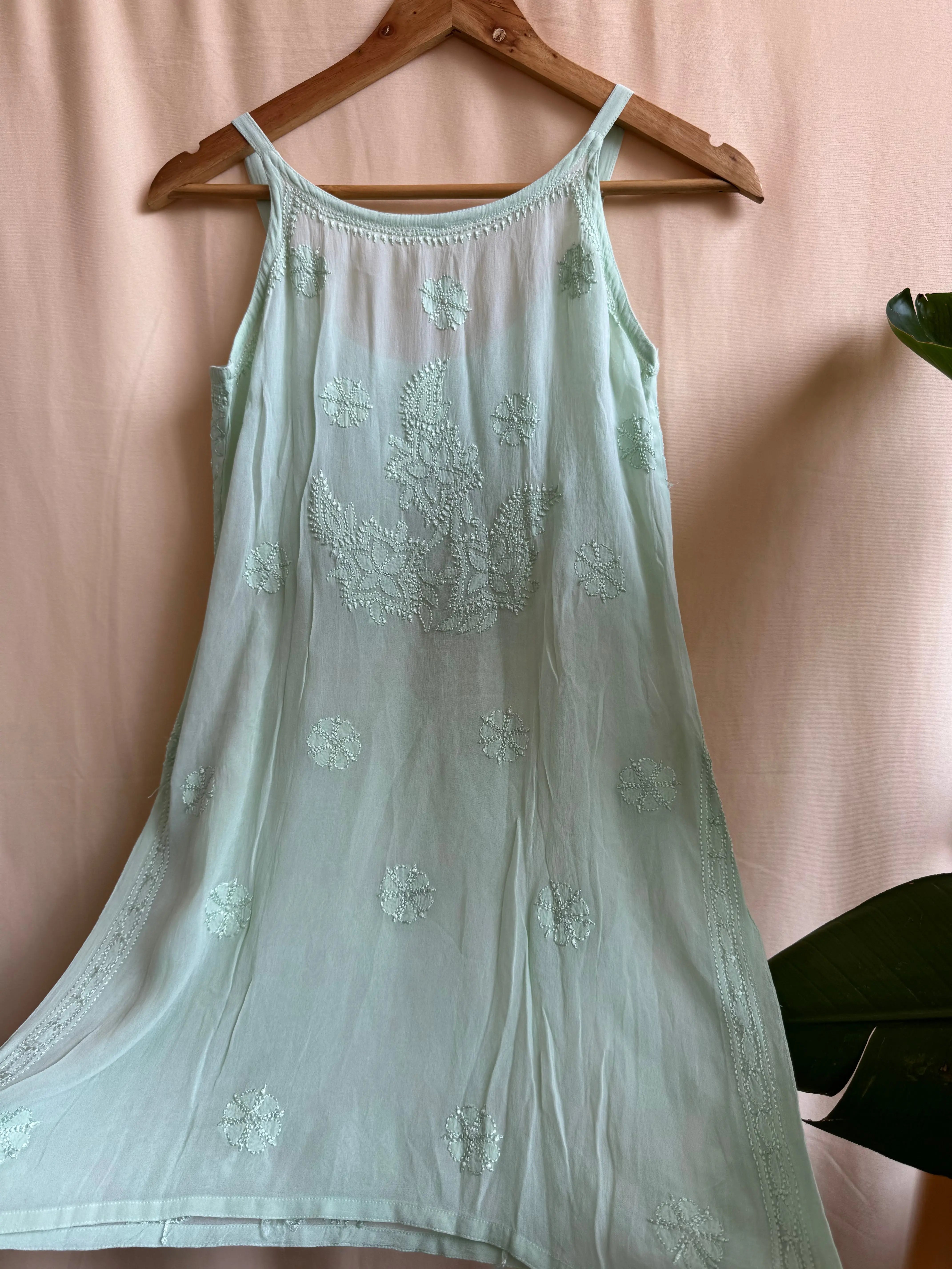 Chikankari Noodle Strap Top in Green - ARIAA CHIKANKARI