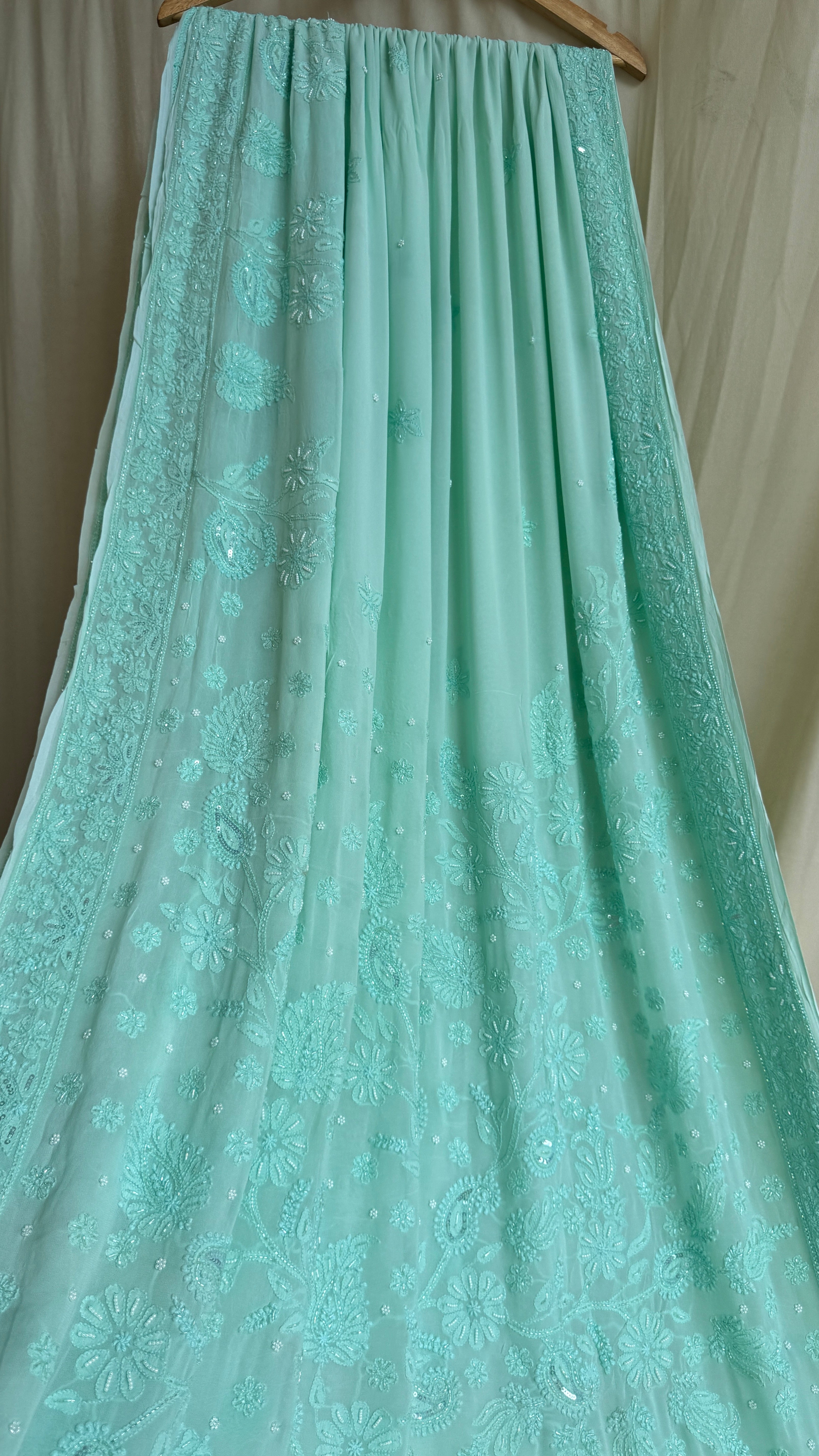 Chikankari saree with Pearl embellishments-Green- Ariaa Chikankari