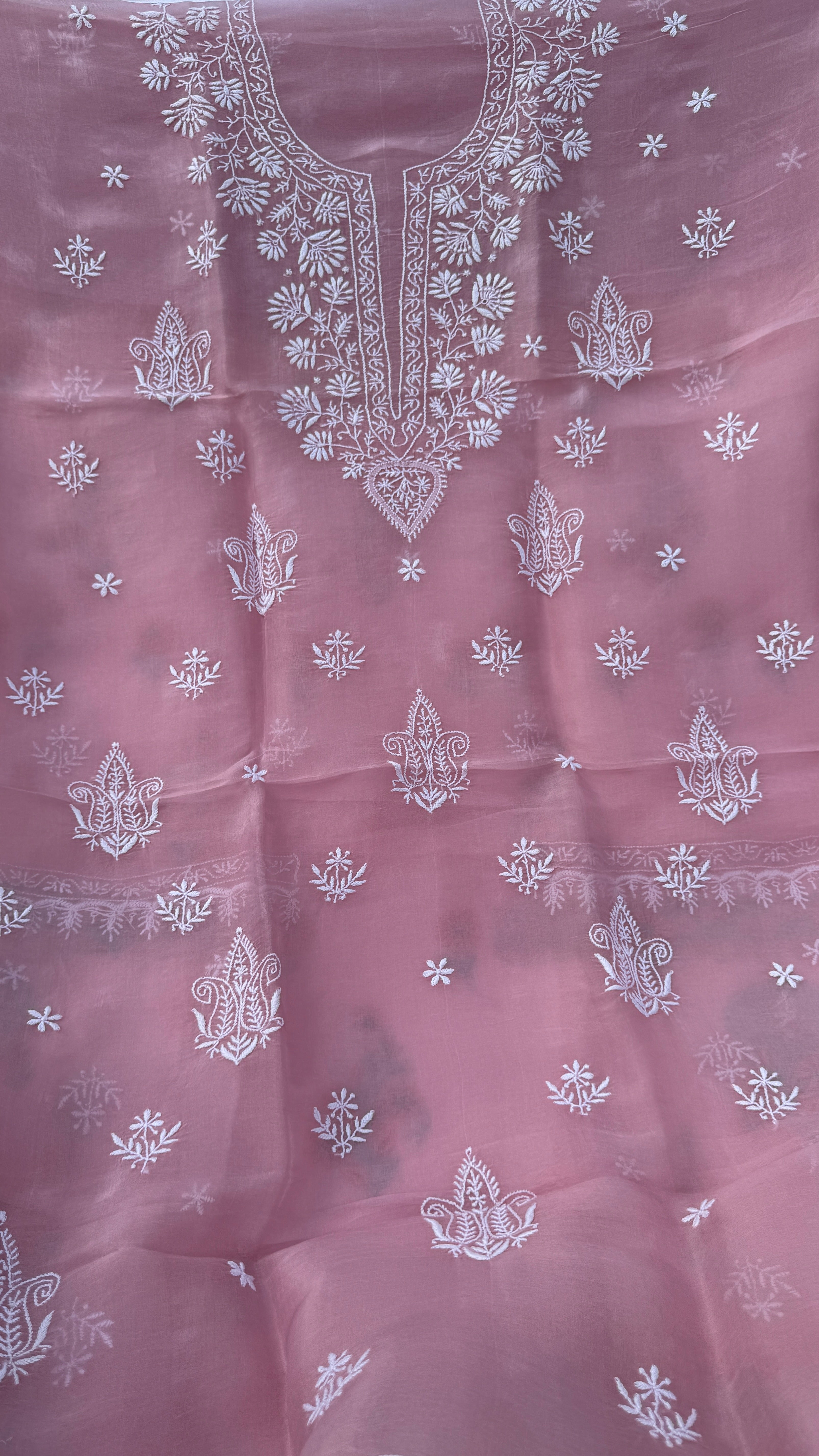 Pure Organza Lucknow Chikankari Unstitched Suit Set - Pink