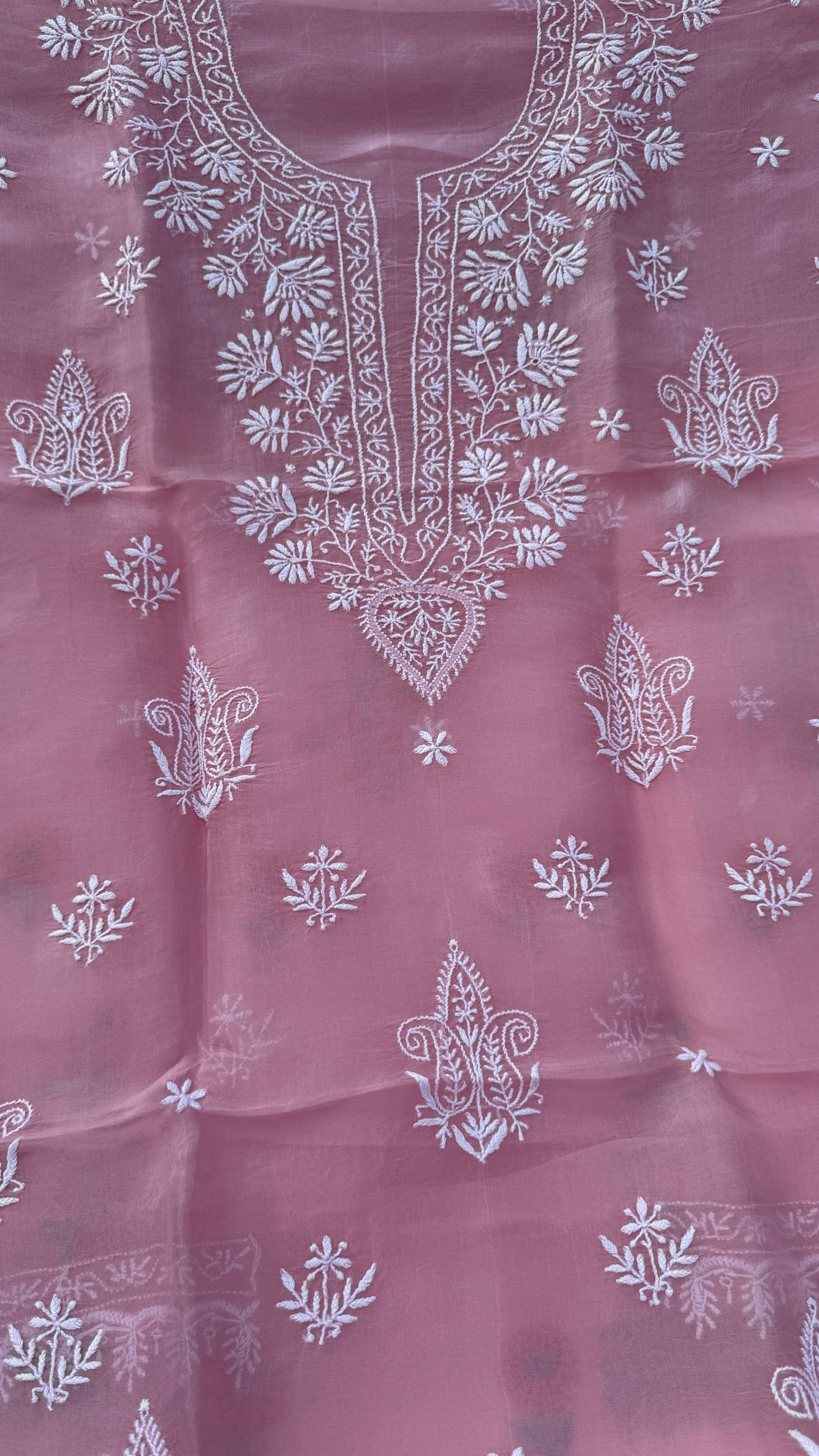 Pure Organza Lucknow Chikankari Unstitched Suit Set - Pink