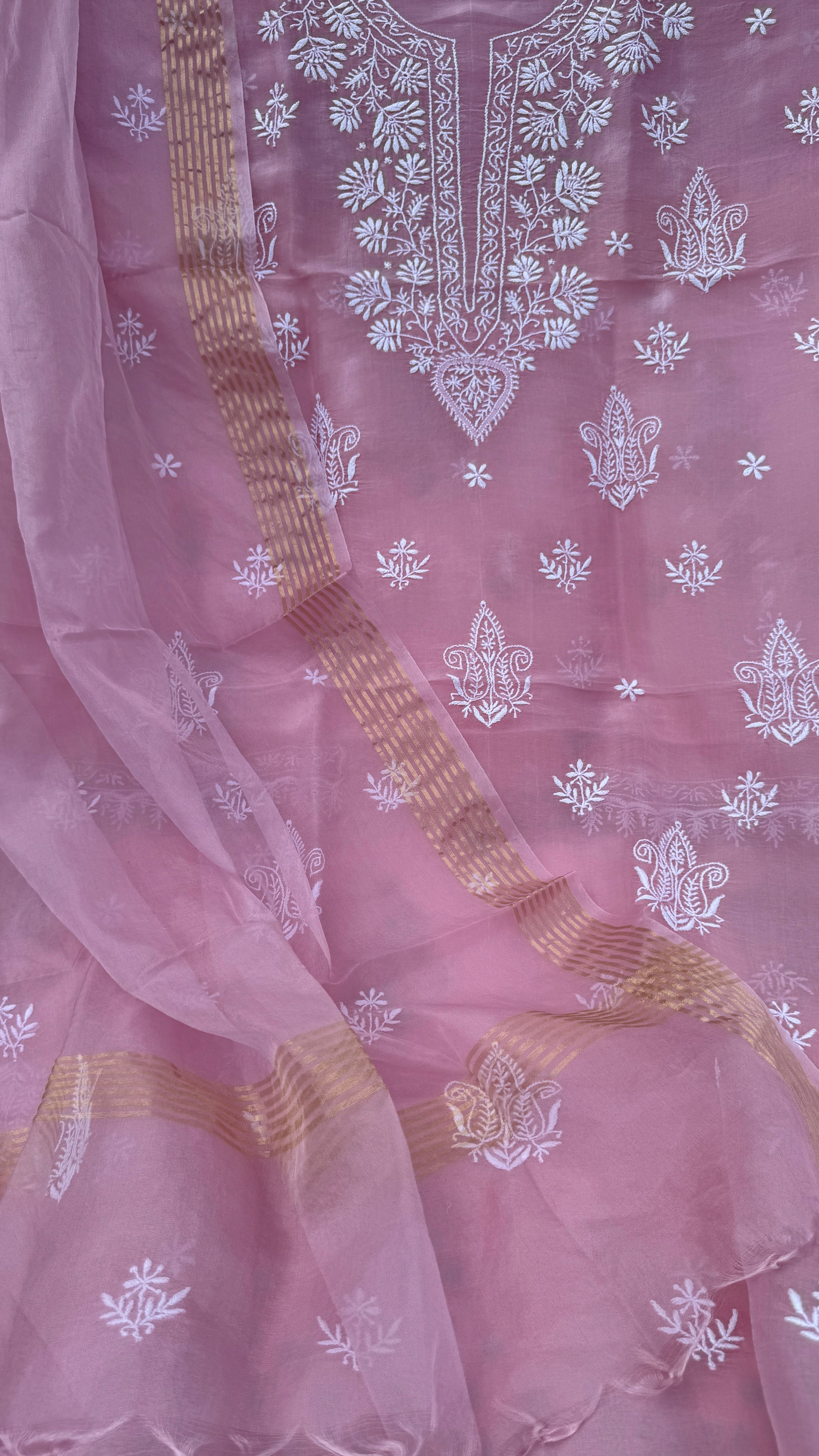 Pure Organza Lucknow Chikankari Unstitched Suit Set - Pink