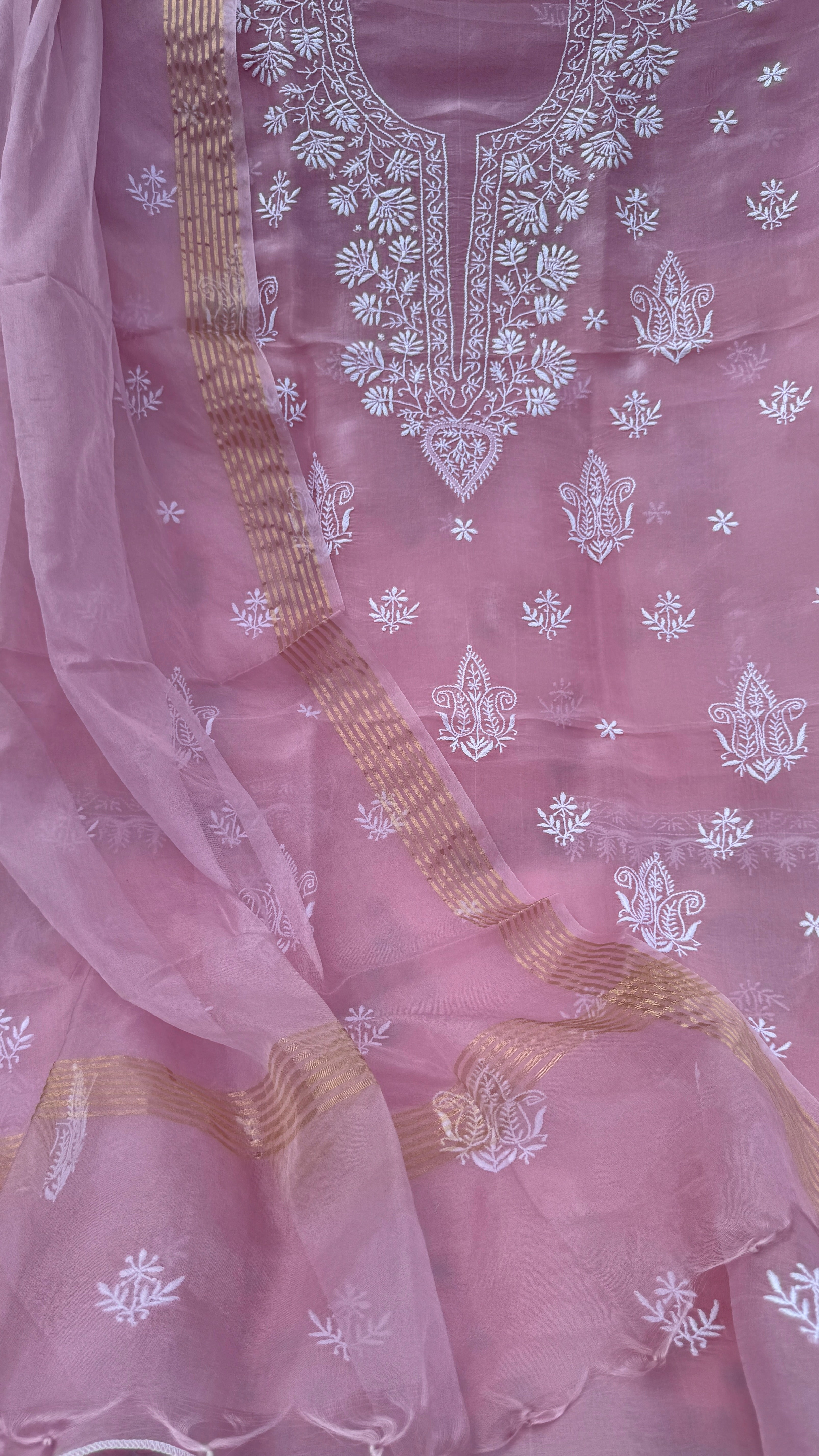 Pure Organza Lucknow Chikankari Unstitched Suit Set - Pink