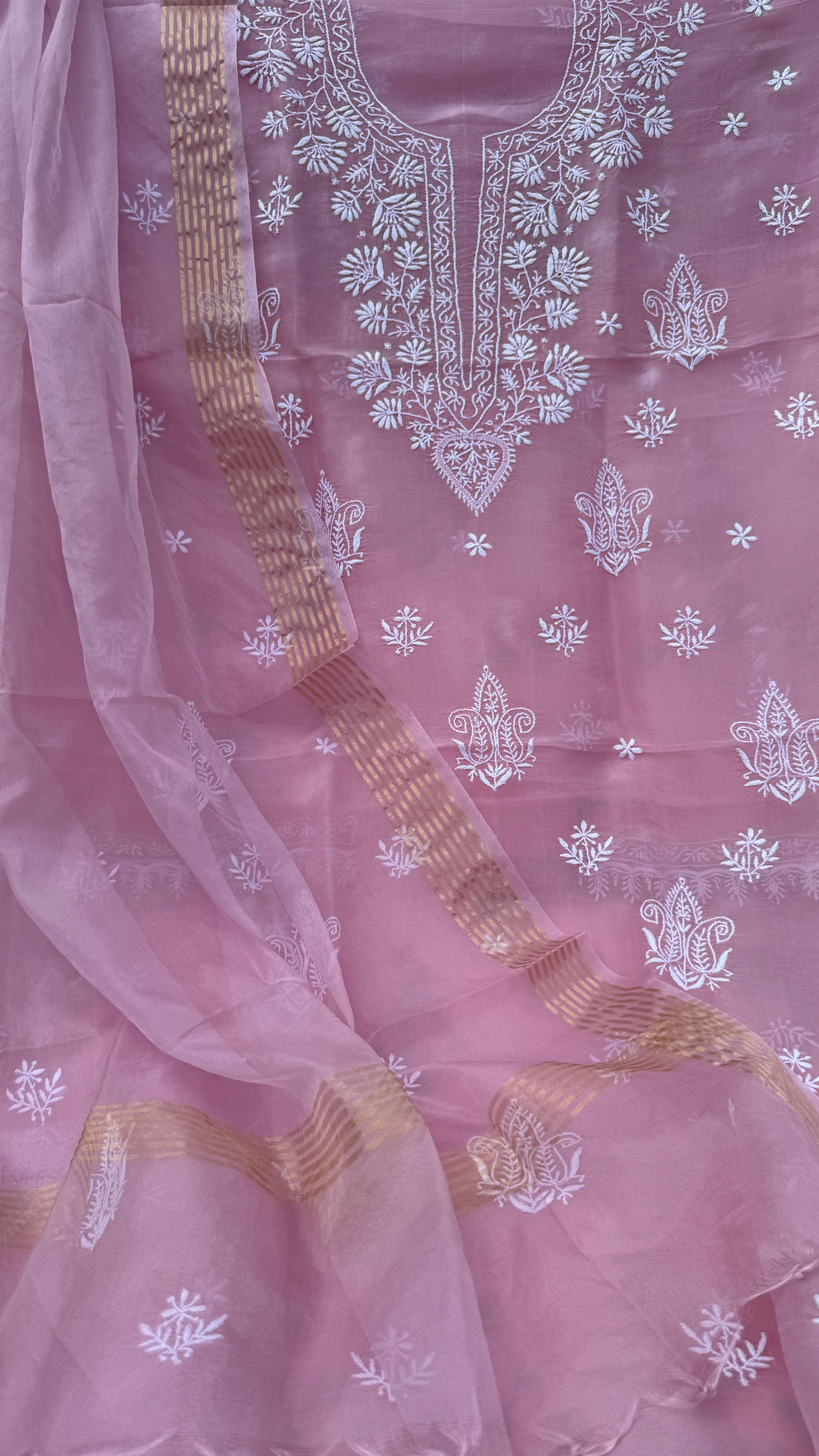 Pure Organza Lucknow Chikankari Unstitched Suit Set - Pink