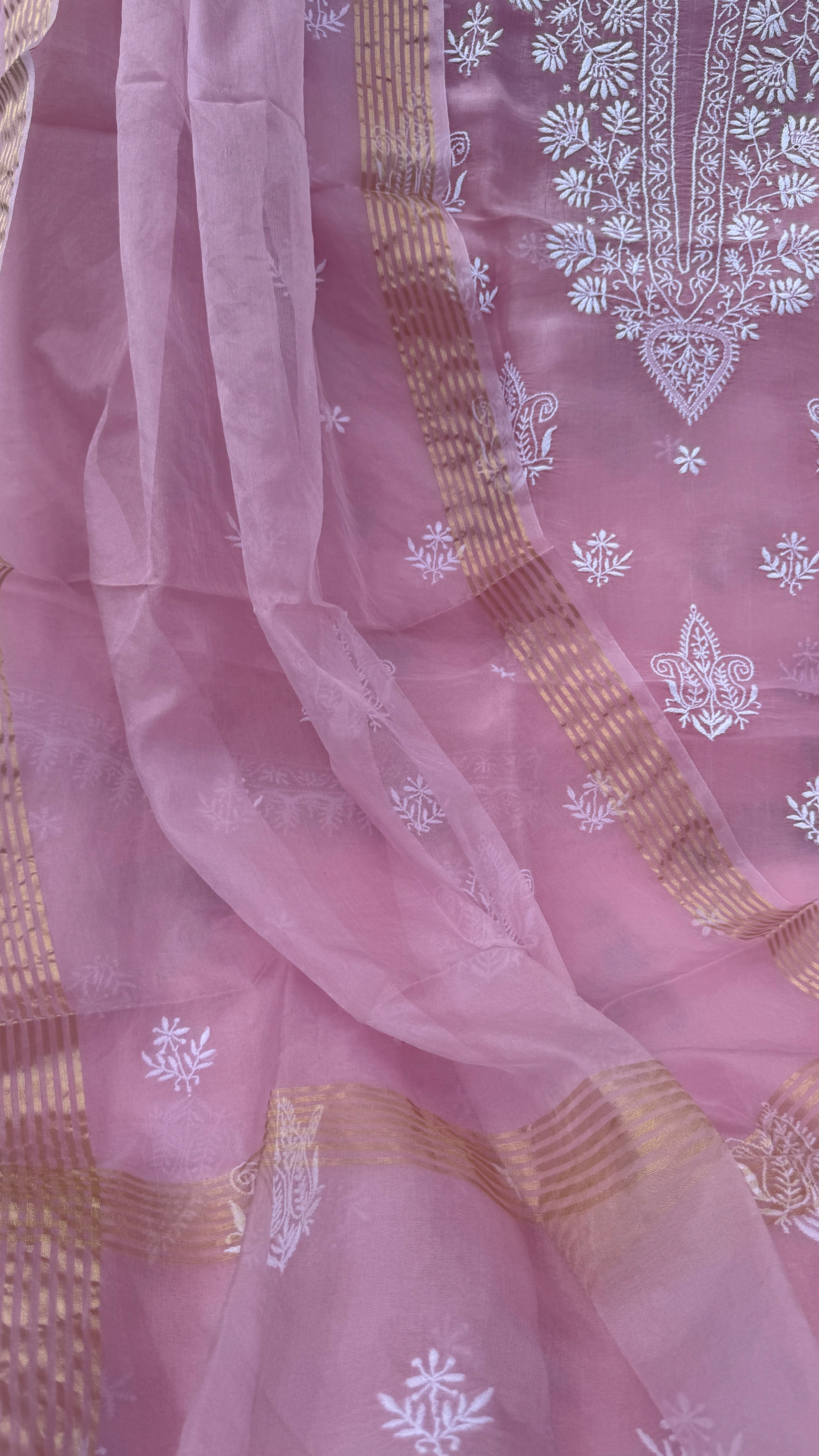 Pure Organza Lucknow Chikankari Unstitched Suit Set - Pink