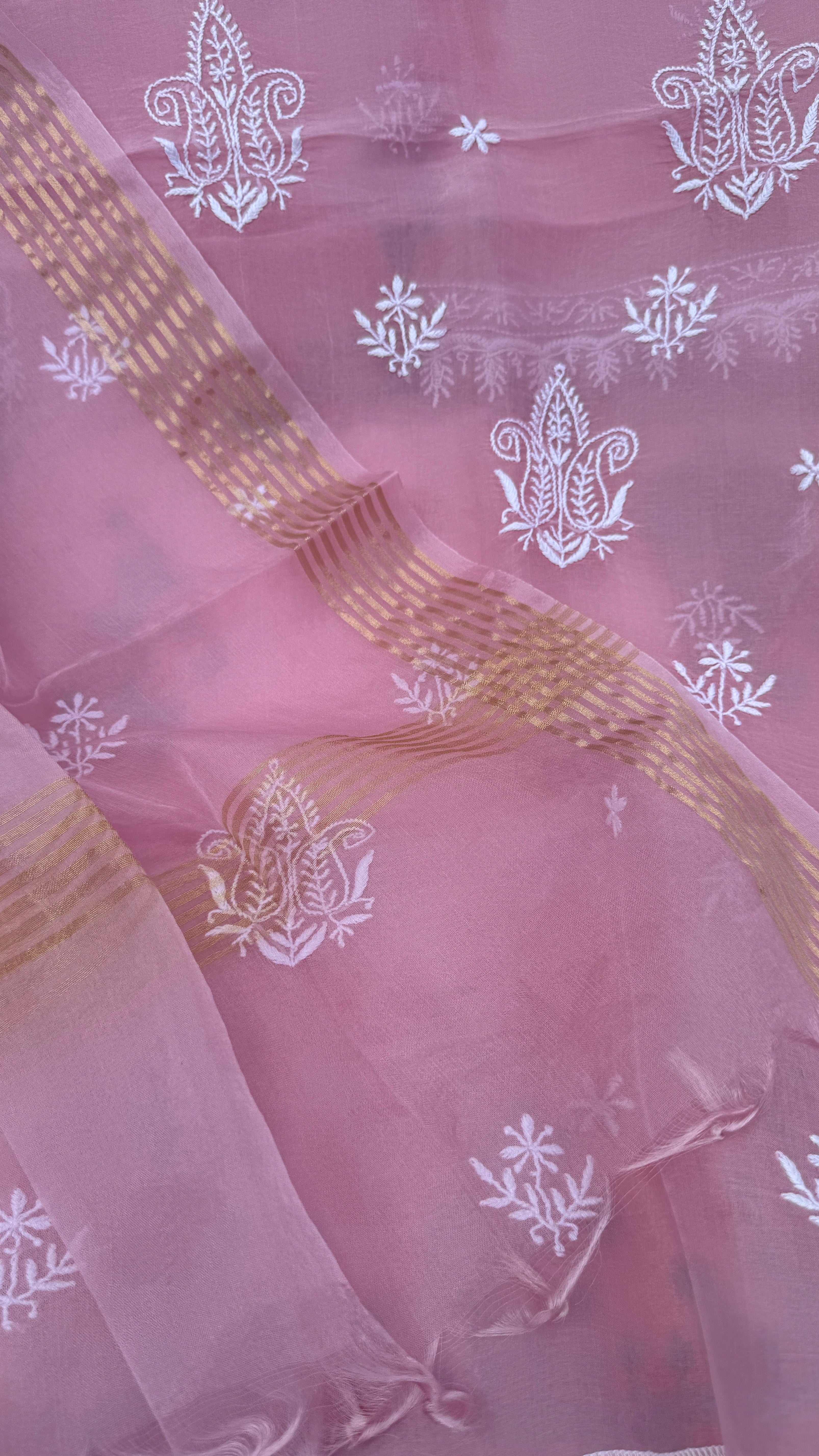 Pure Organza Lucknow Chikankari Unstitched Suit Set - Pink