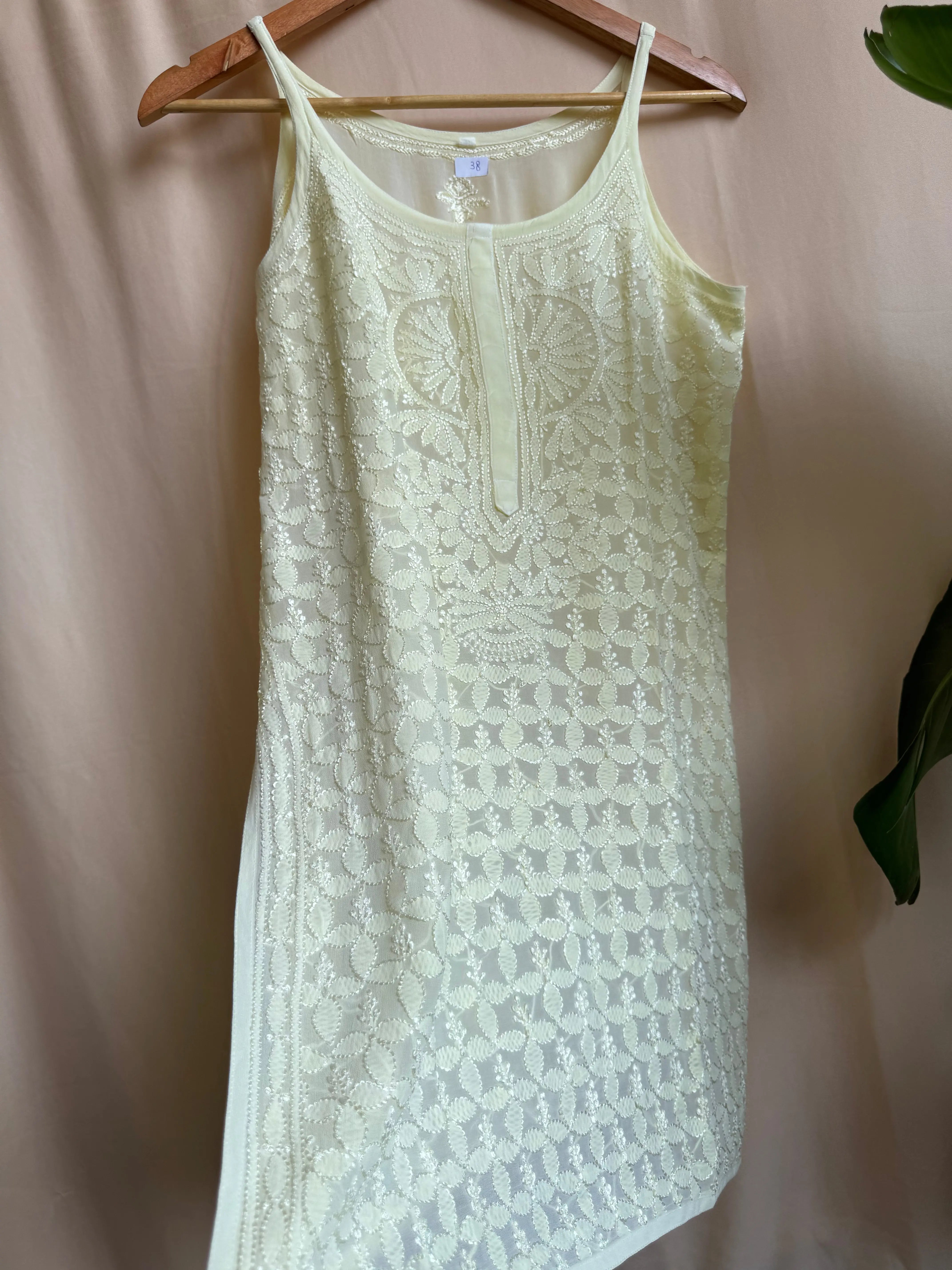 Chikankari Noodle Strap short Top in Light Yellow ARIAA CHIKANKARI 