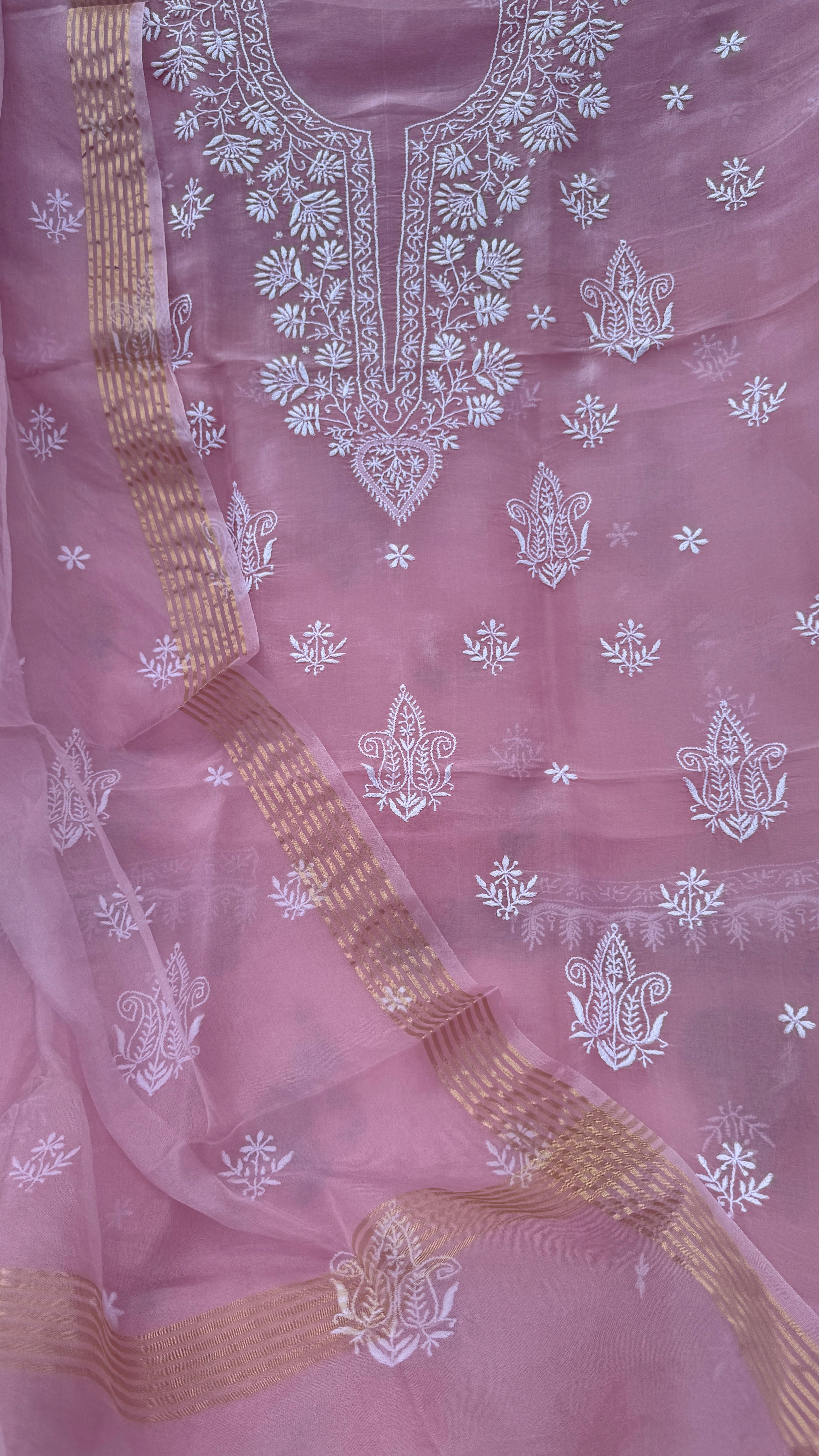 Pure Organza Lucknow Chikankari Unstitched Suit Set - Pink