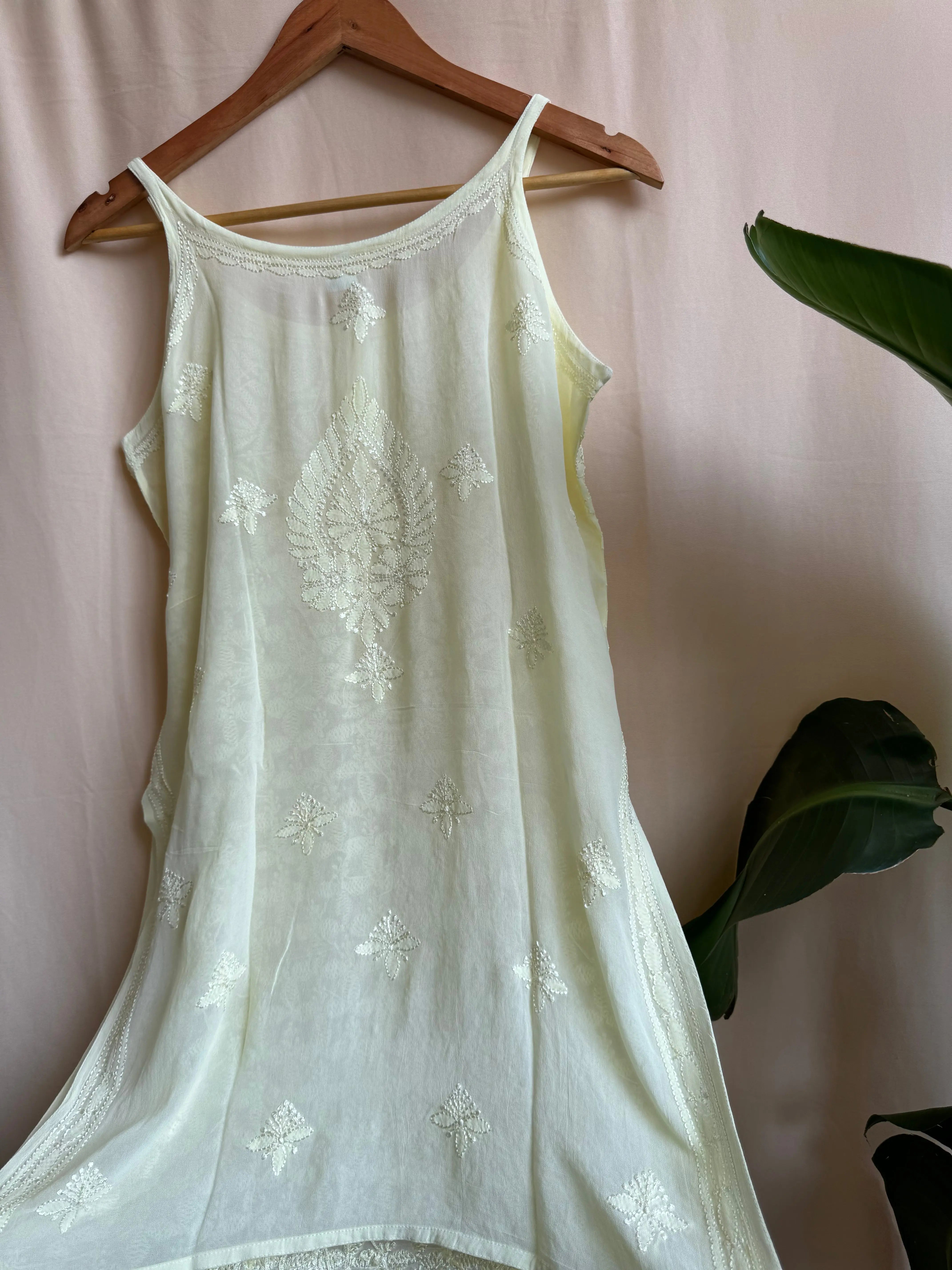 Chikankari Noodle Strap short Top in Light Yellow ARIAA CHIKANKARI 