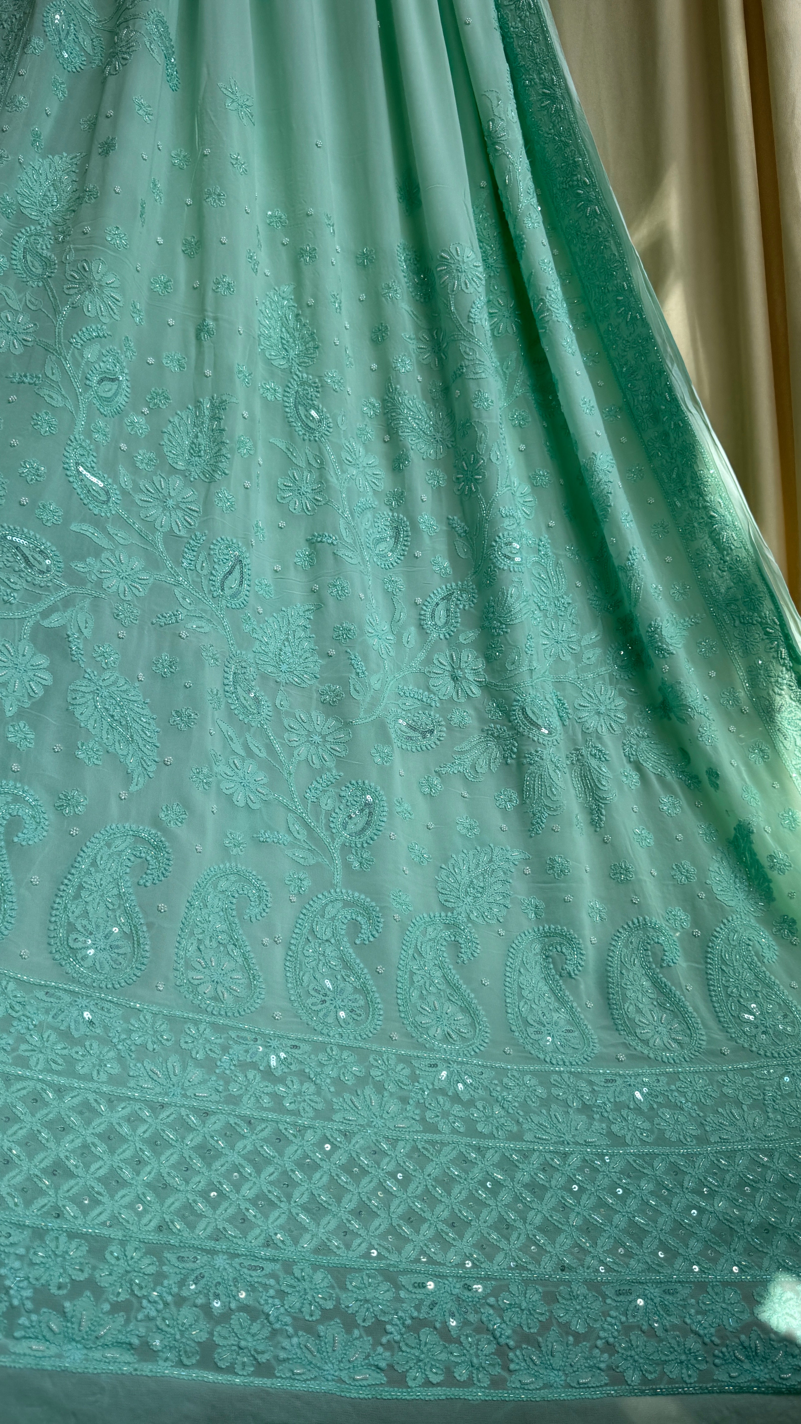 Chikankari saree with Pearl embellishments-Green- Ariaa Chikankari