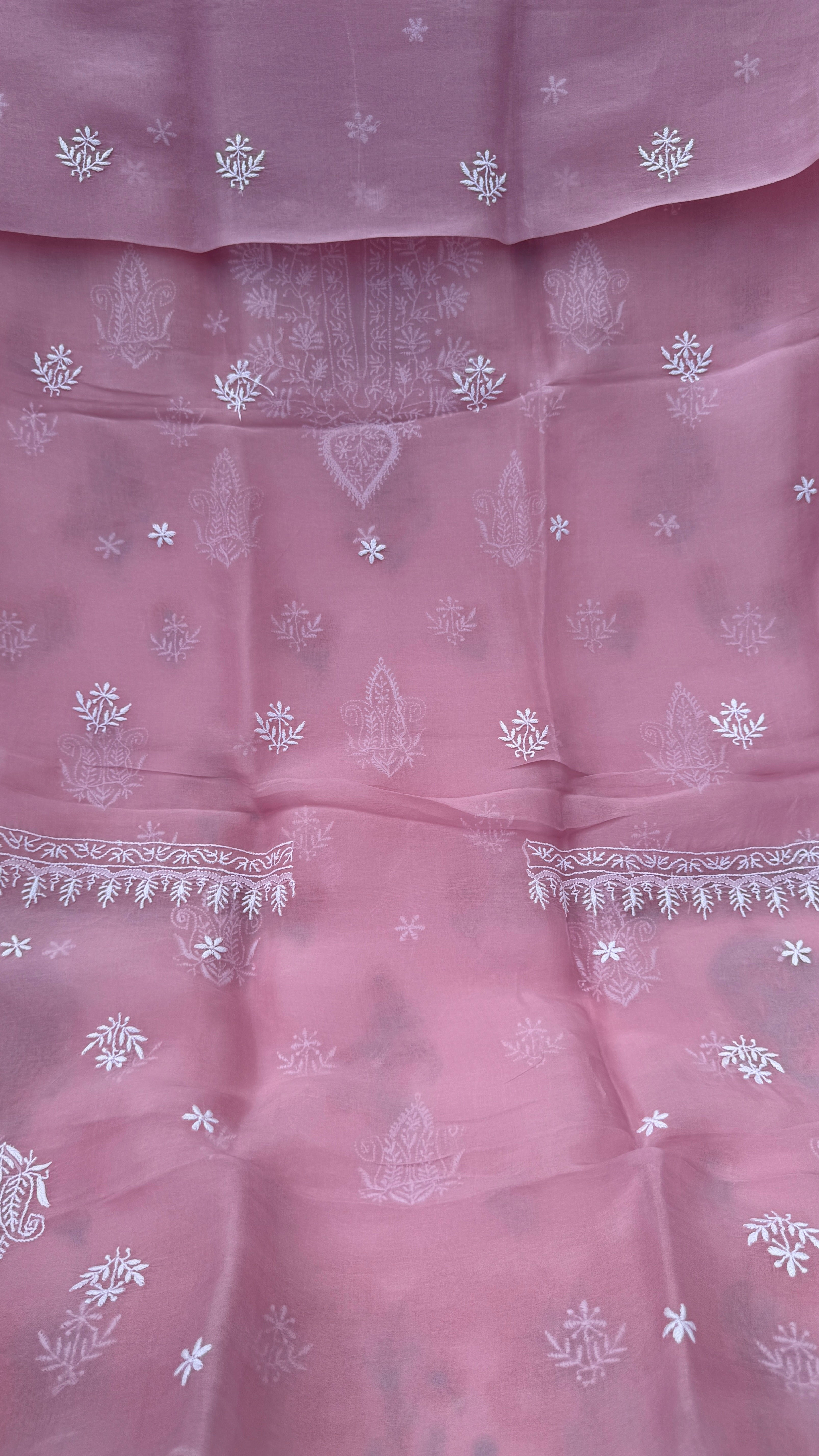 Pure Organza Lucknow Chikankari Unstitched Suit Set - Pink