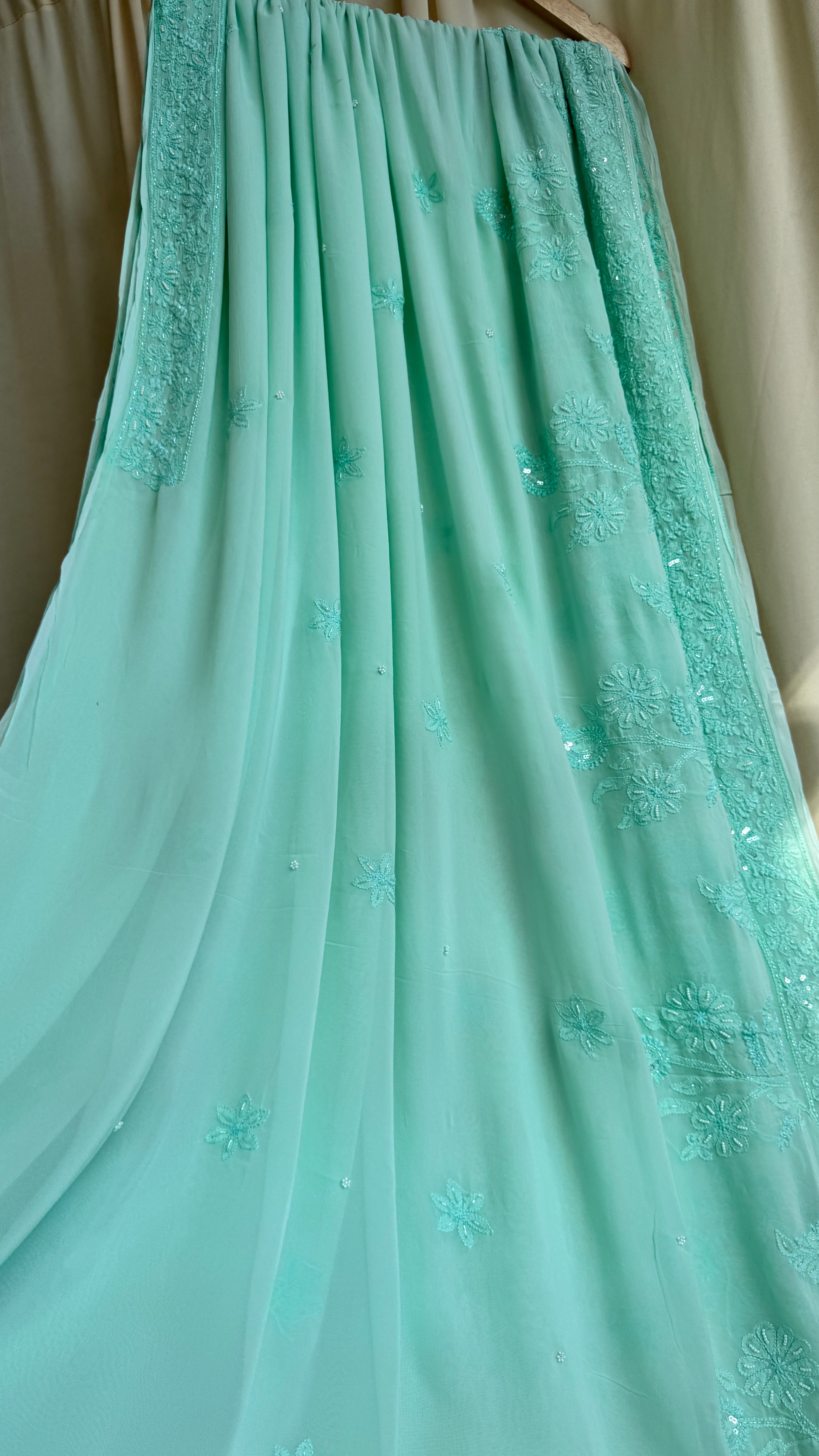 Chikankari saree with Pearl embellishments-Green- Ariaa Chikankari