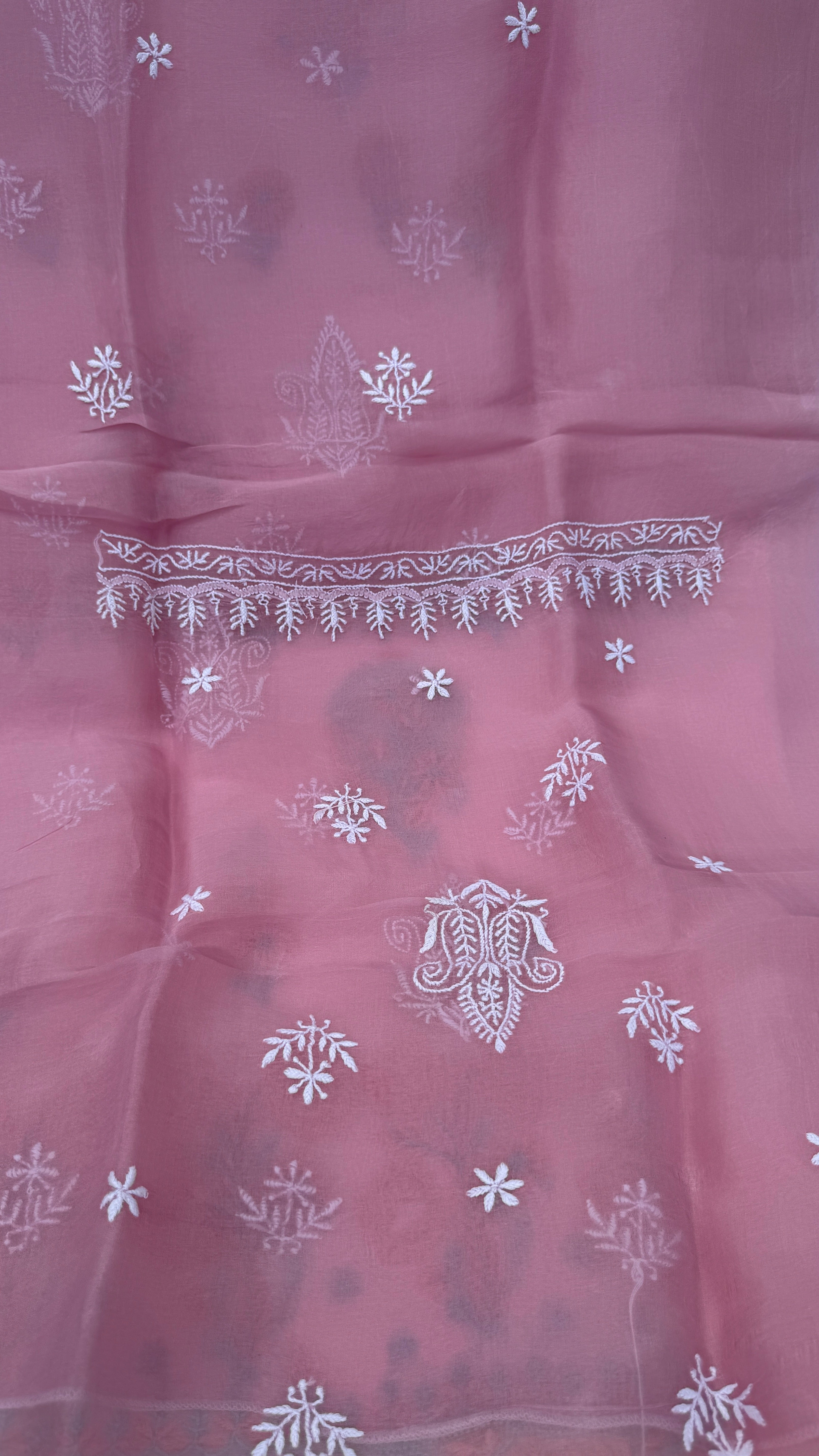 Pure Organza Lucknow Chikankari Unstitched Suit Set - Pink