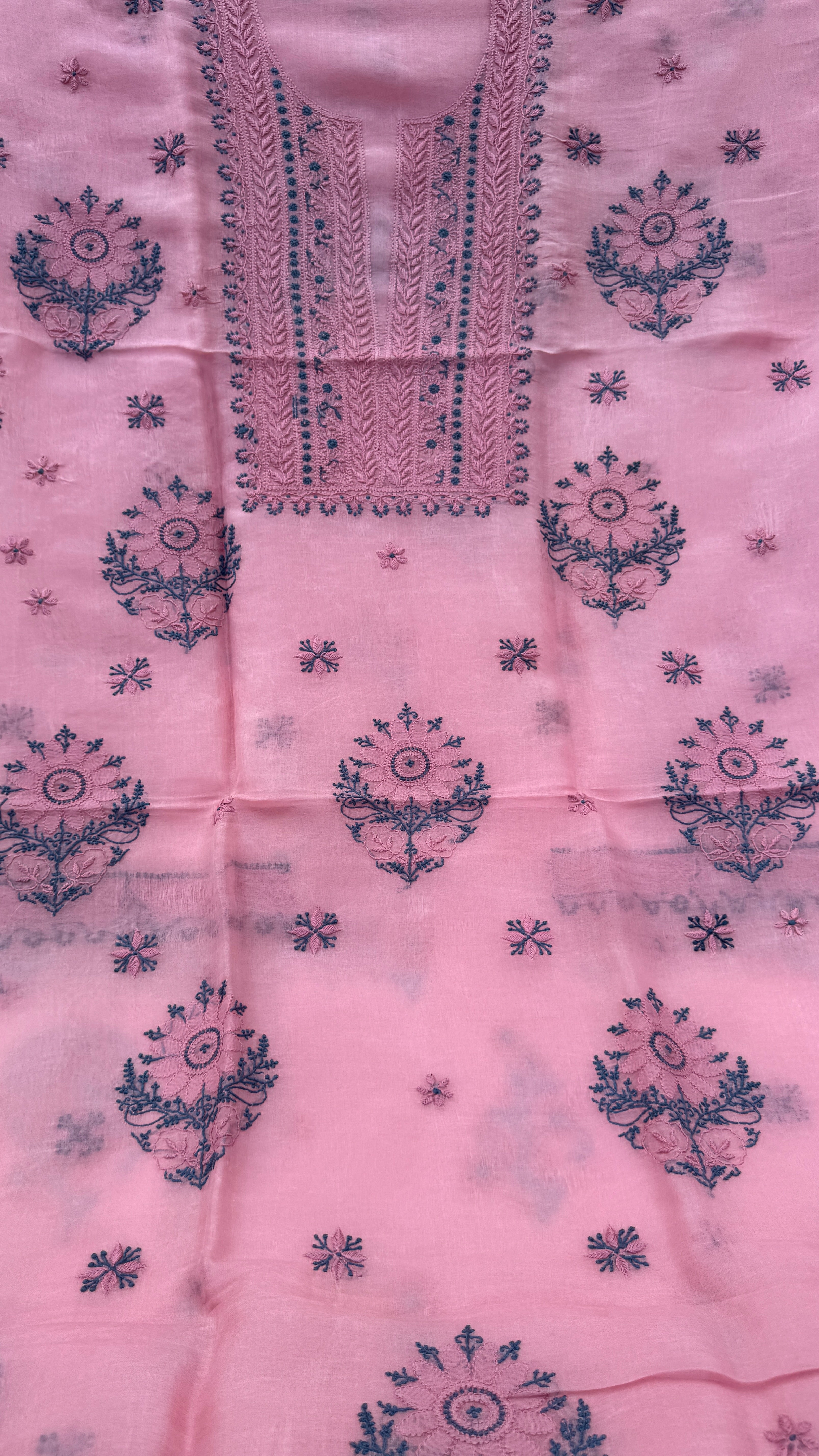 Pure Organza Lucknow Chikankari Unstitched Suit Set - Pink multi-color