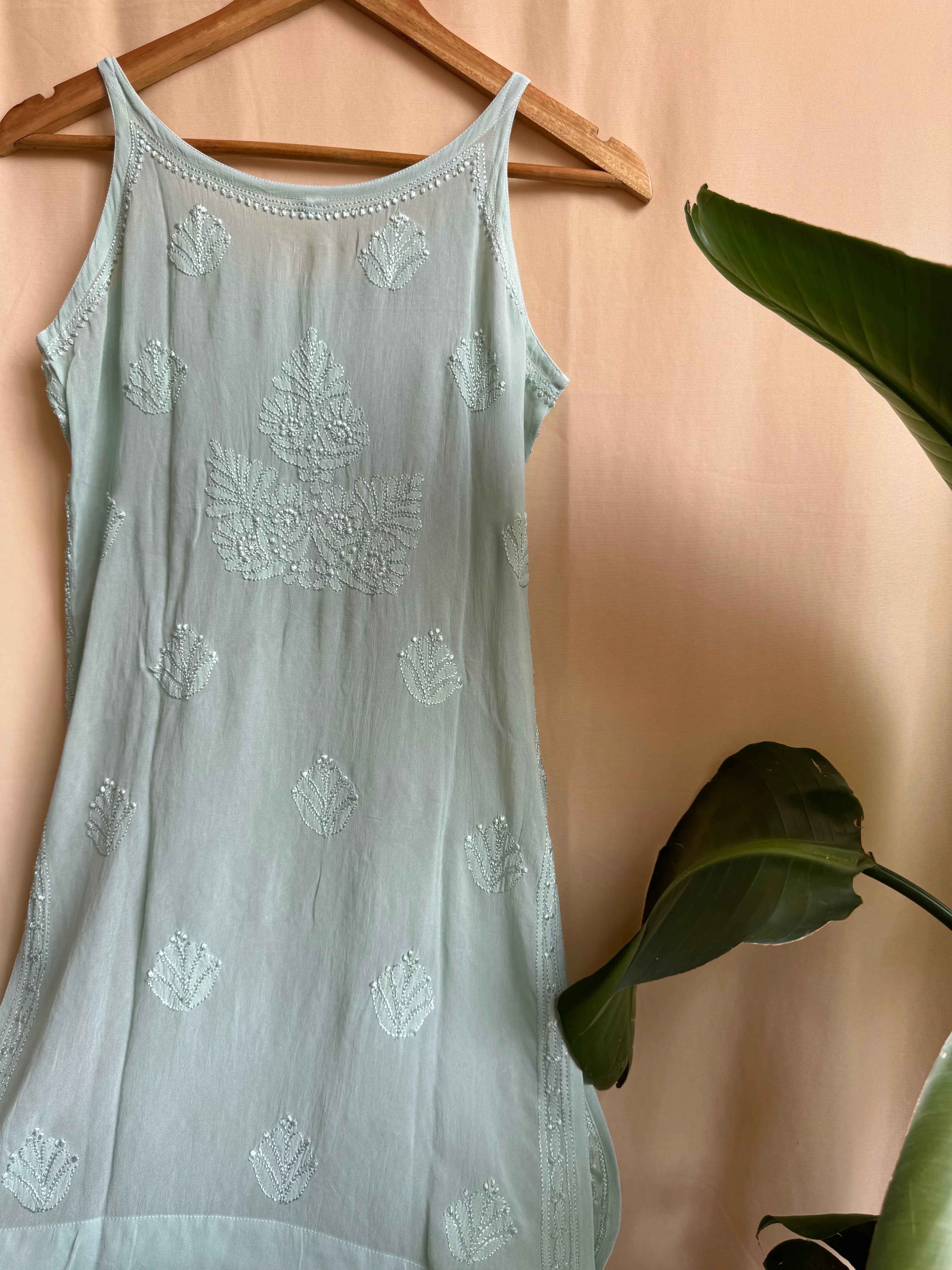 Chikankari Noodle Strap Top in Green - ARIAA CHIKANKARI