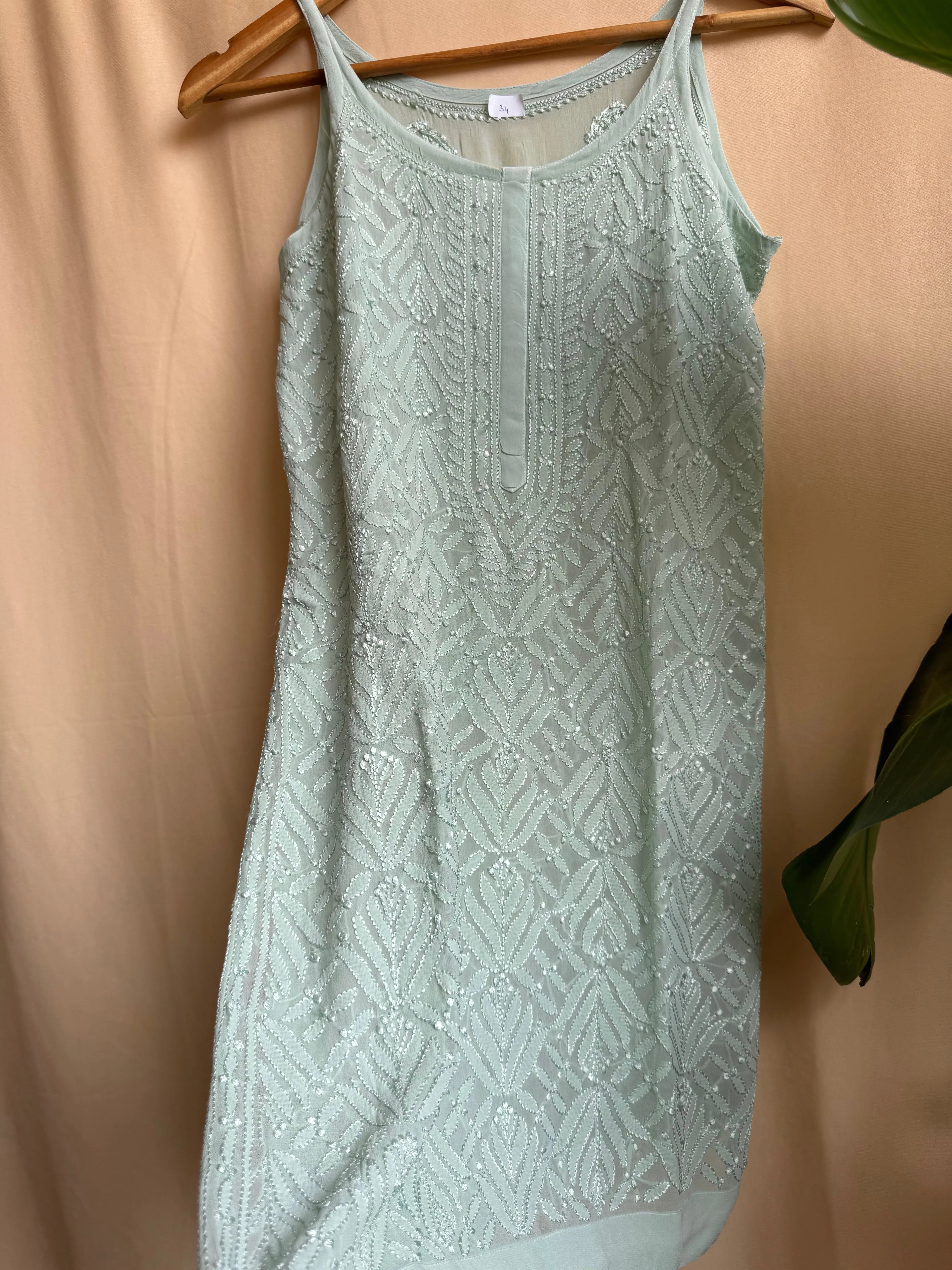 Chikankari Noodle Strap Top in Green - ARIAA CHIKANKARI