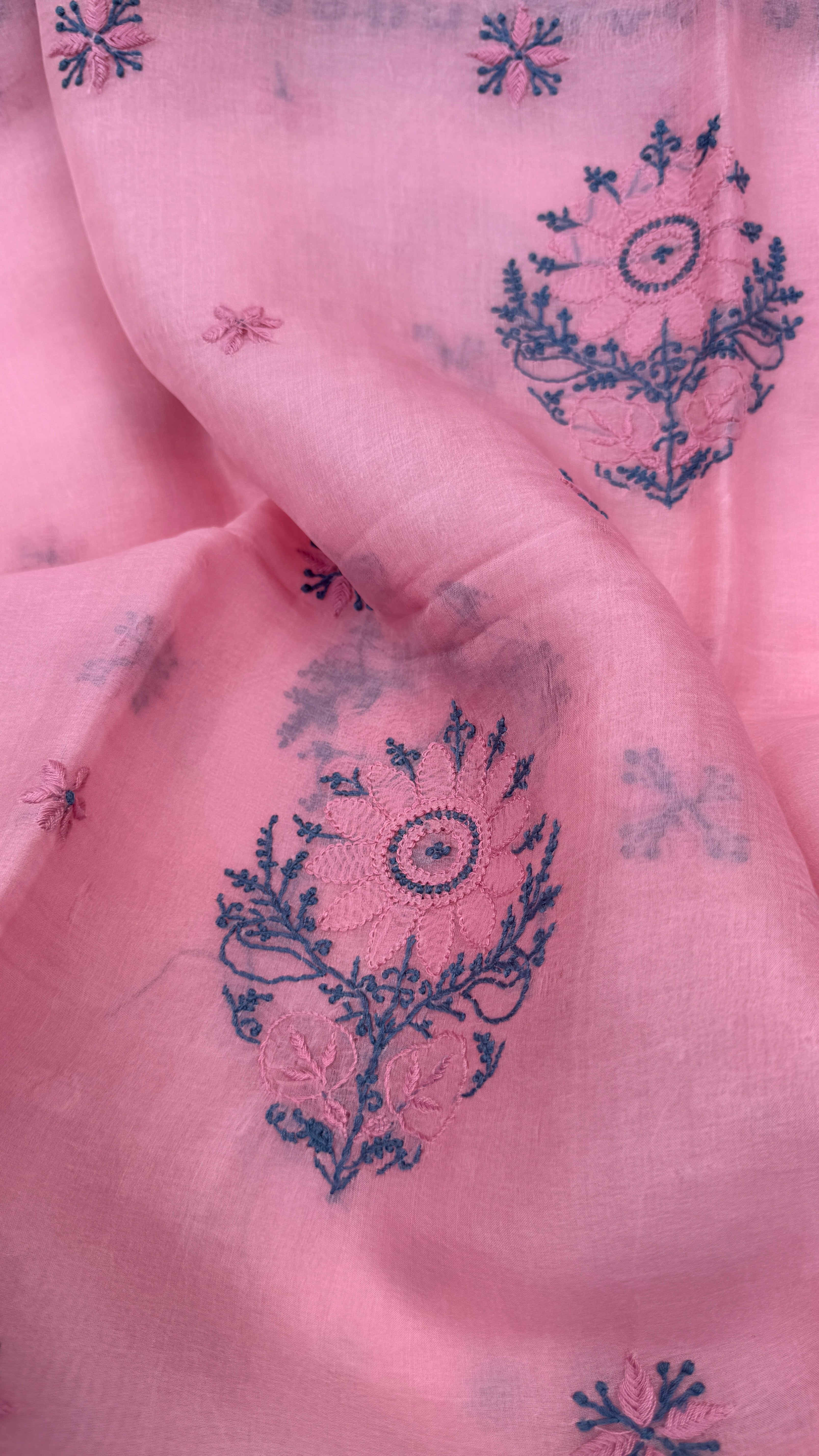 Pure Organza Lucknow Chikankari Unstitched Suit Set - Pink multi-color