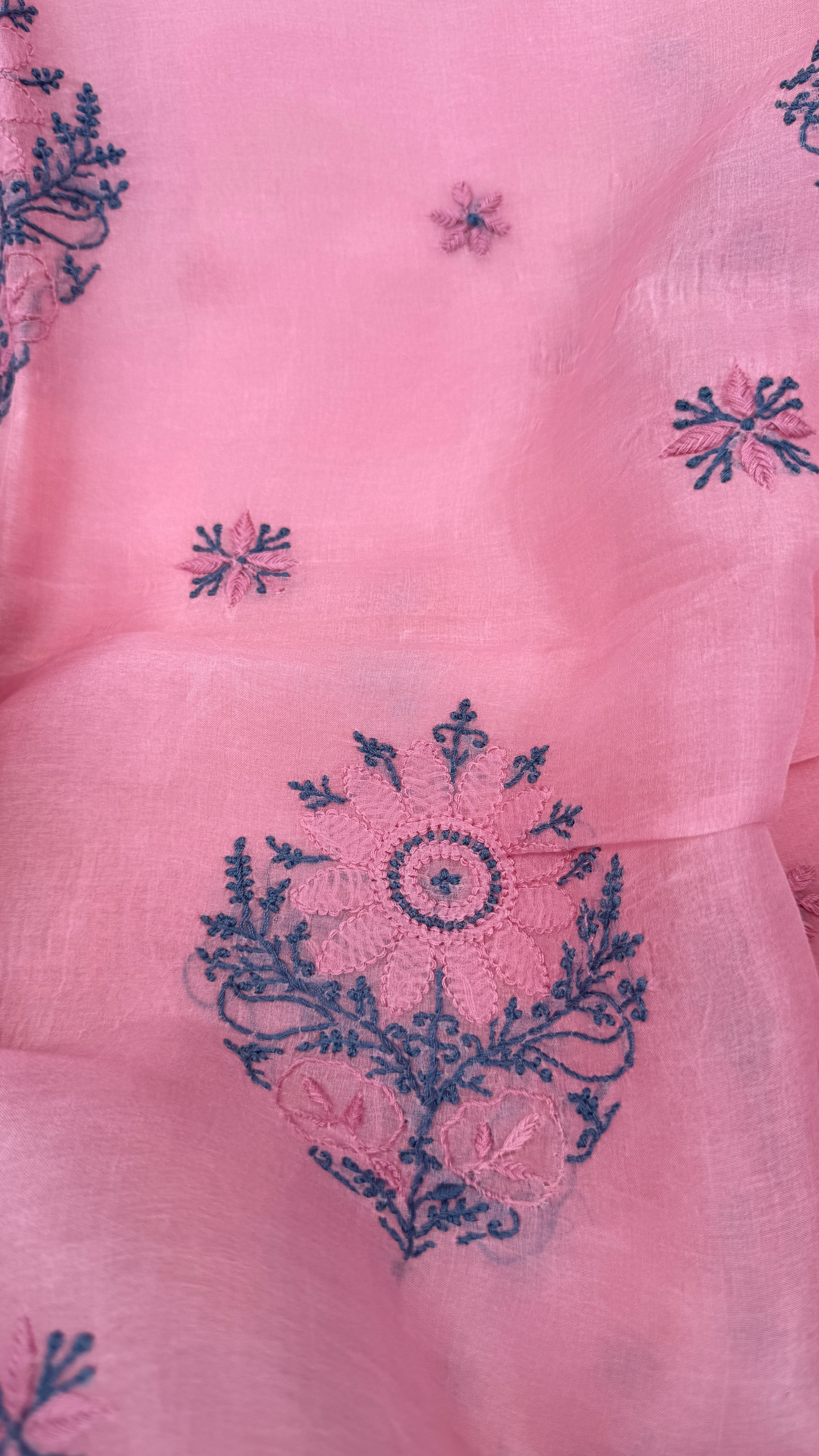 Pure Organza Lucknow Chikankari Unstitched Suit Set - Pink multi-color