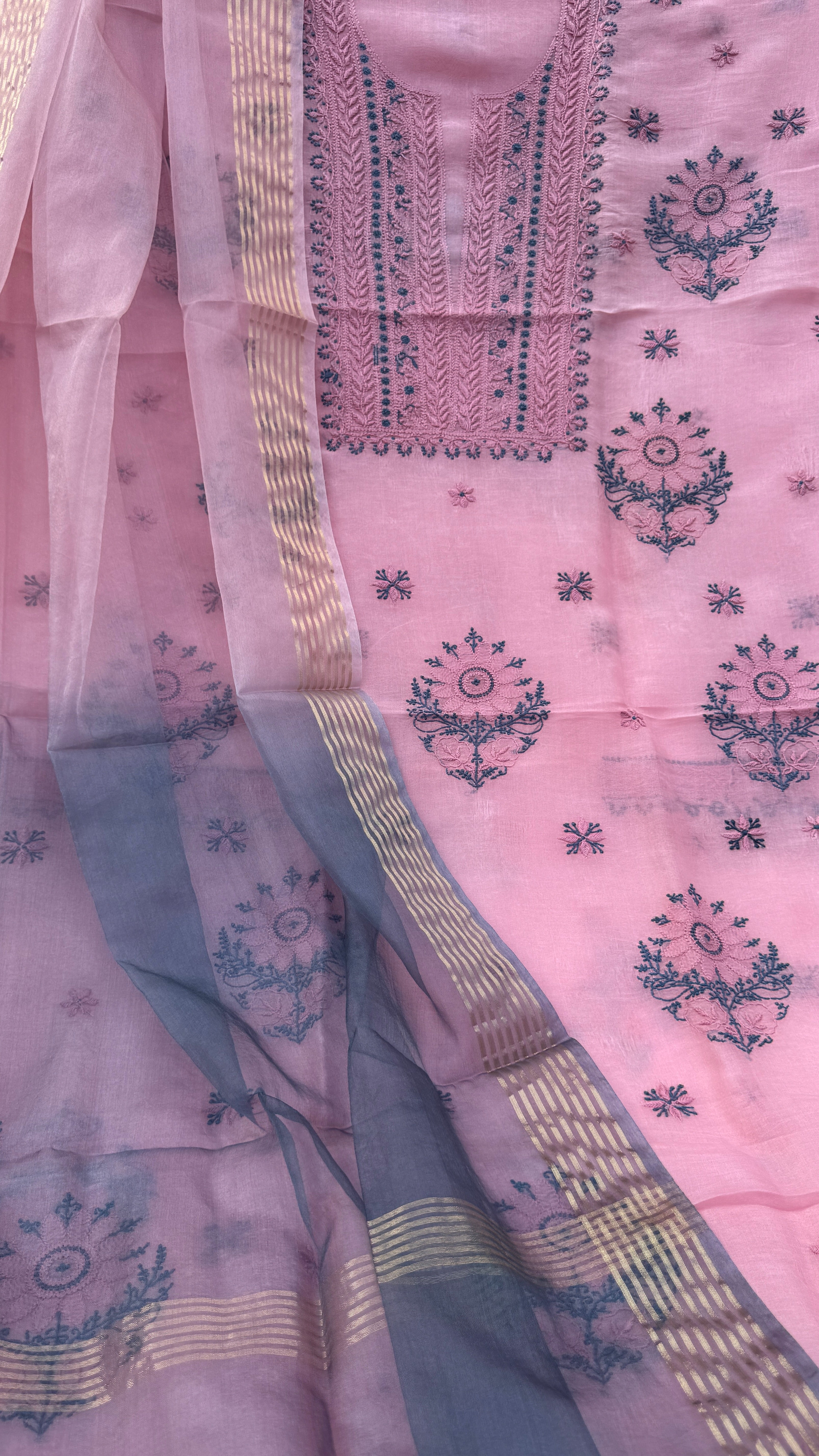 Pure Organza Lucknow Chikankari Unstitched Suit Set - Pink multi-color