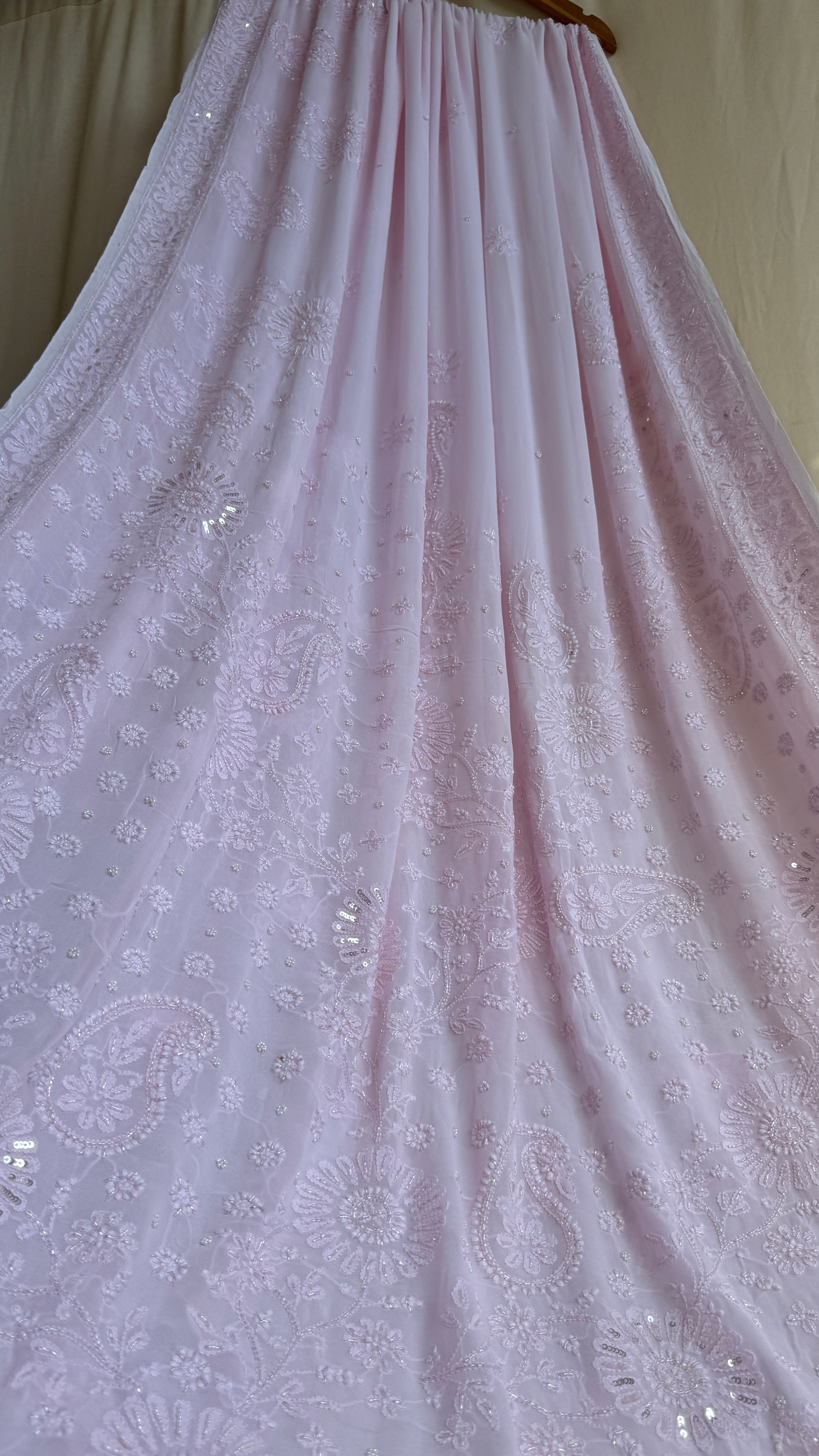 Viscose Chikankari saree with Pearl embellishments - Baby Pink - AriAA Chikankari