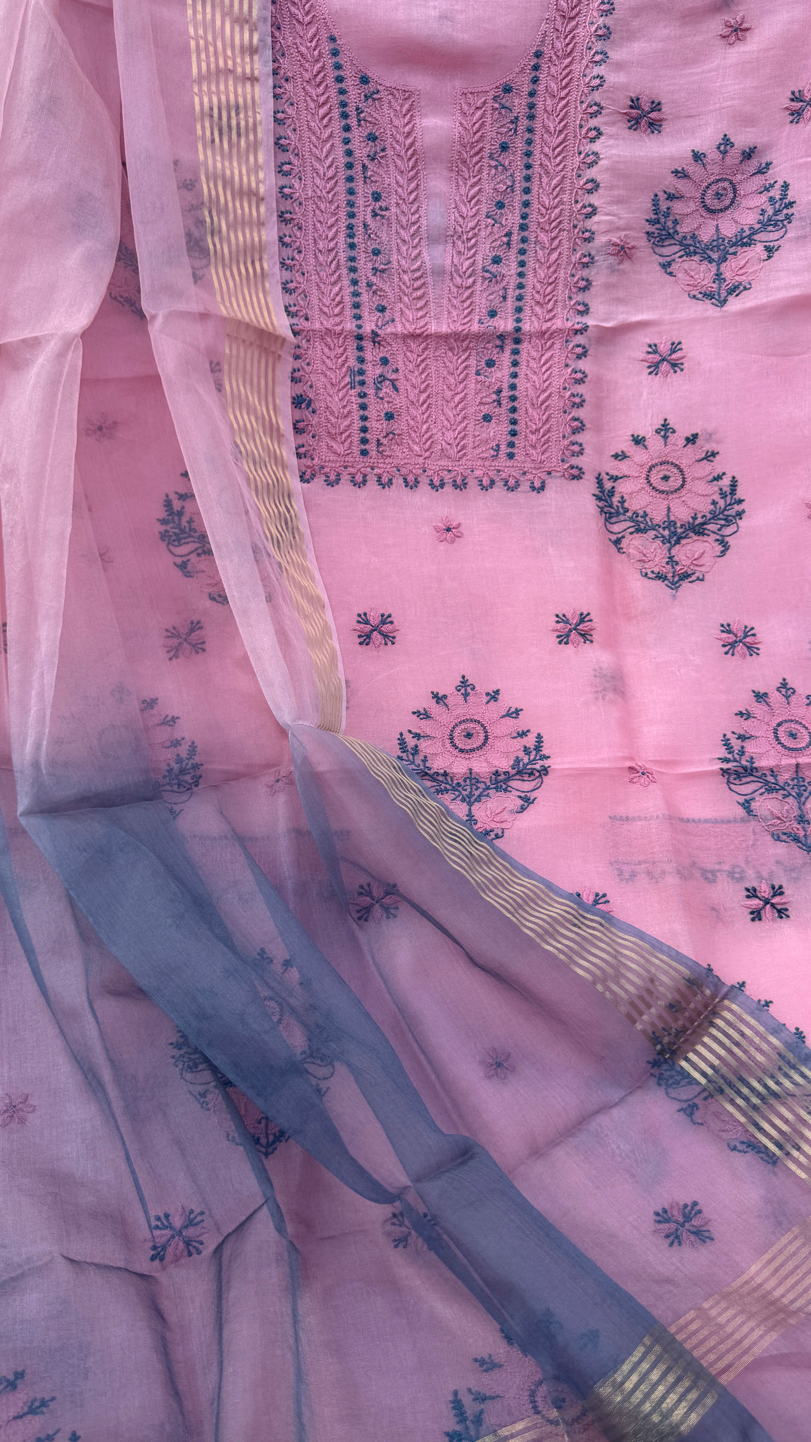 Pure Organza Lucknow Chikankari Unstitched Suit Set - Pink multi-color