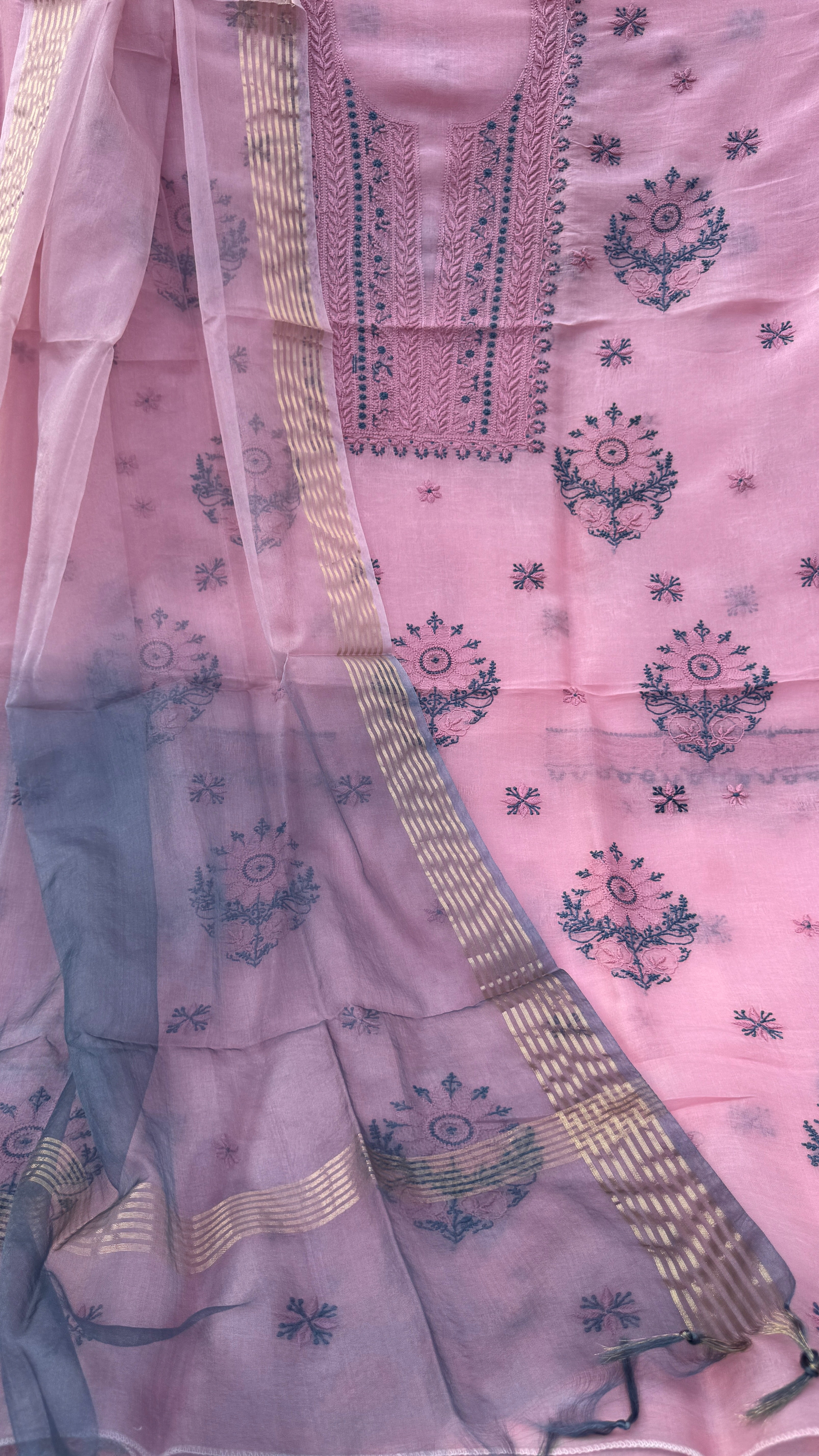 Pure Organza Lucknow Chikankari Unstitched Suit Set - Pink multi-color