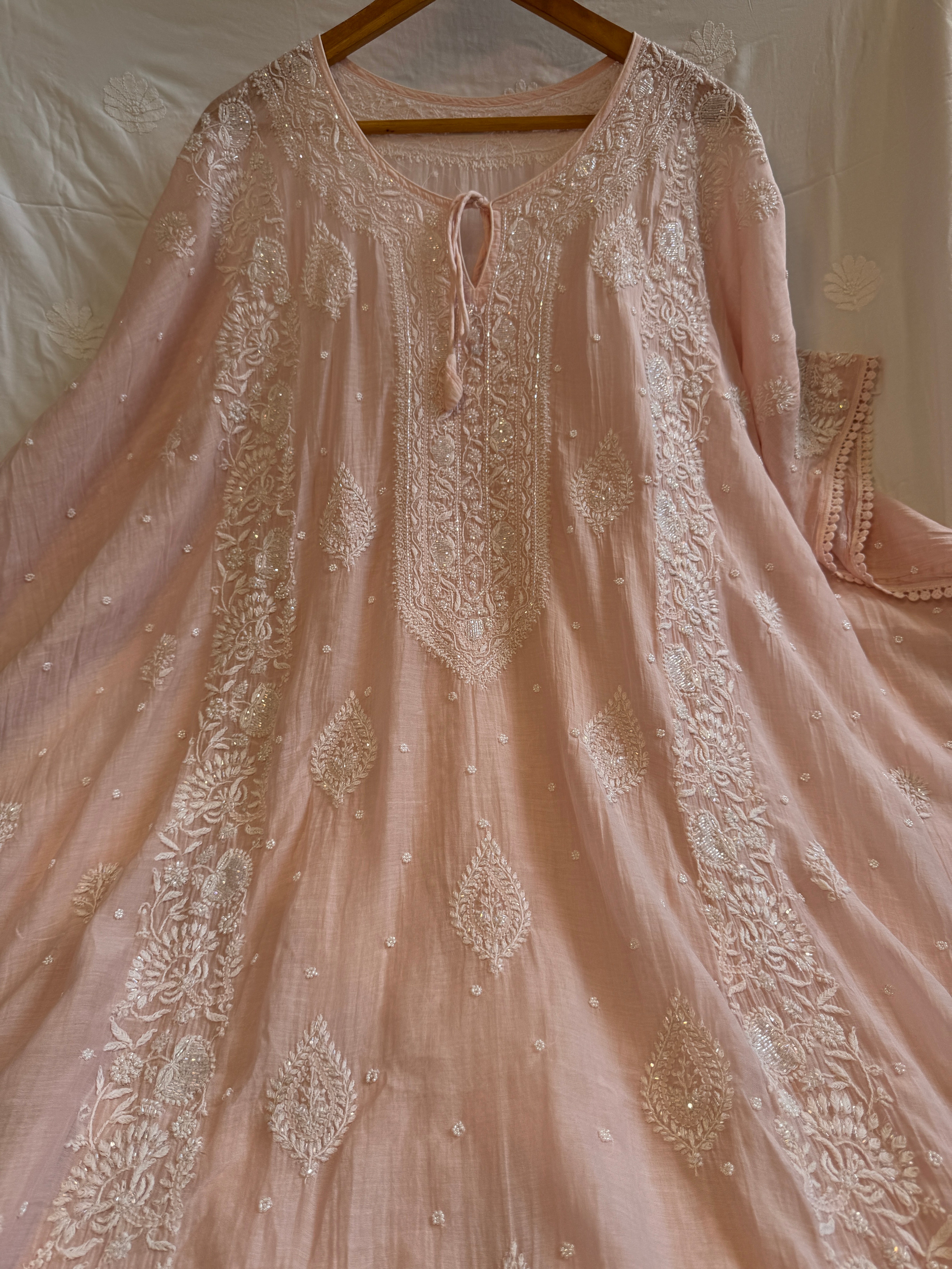 Mul Chanderi Chikankari Kaftan - Pale Pink