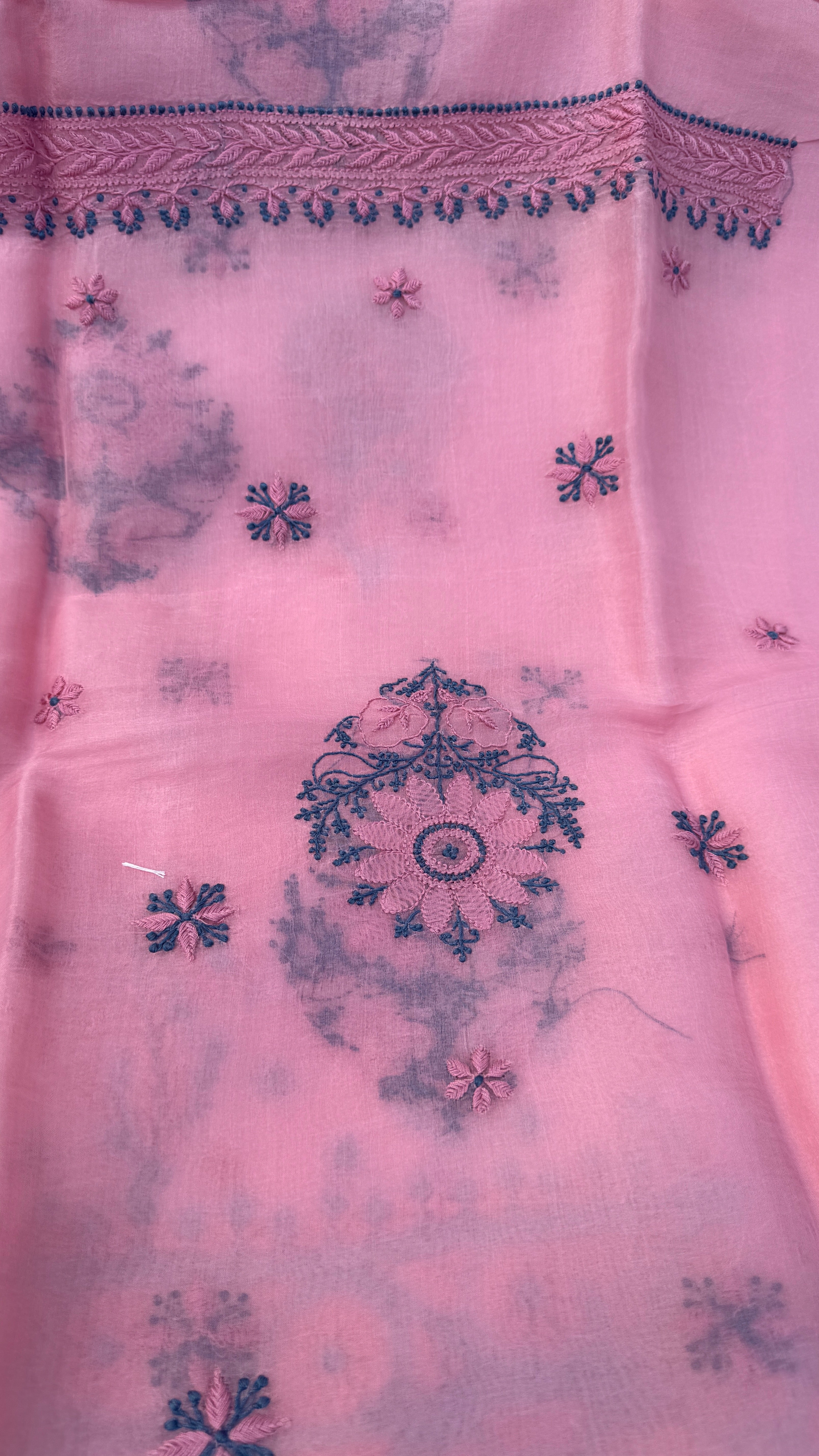 Pure Organza Lucknow Chikankari Unstitched Suit Set - Pink multi-color