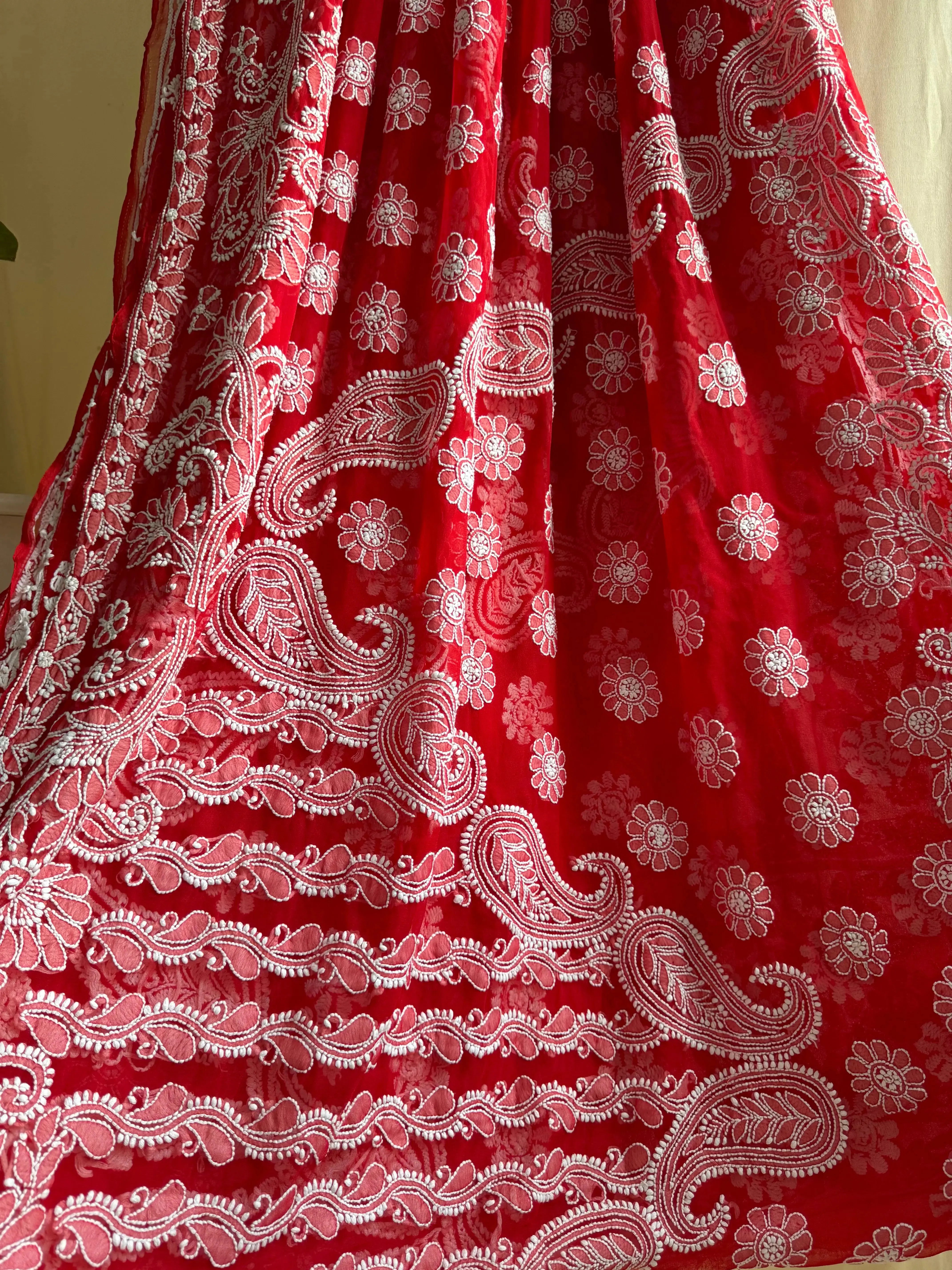 Georgette Chikankari saree in Red ARIAA CHIKANKARI 