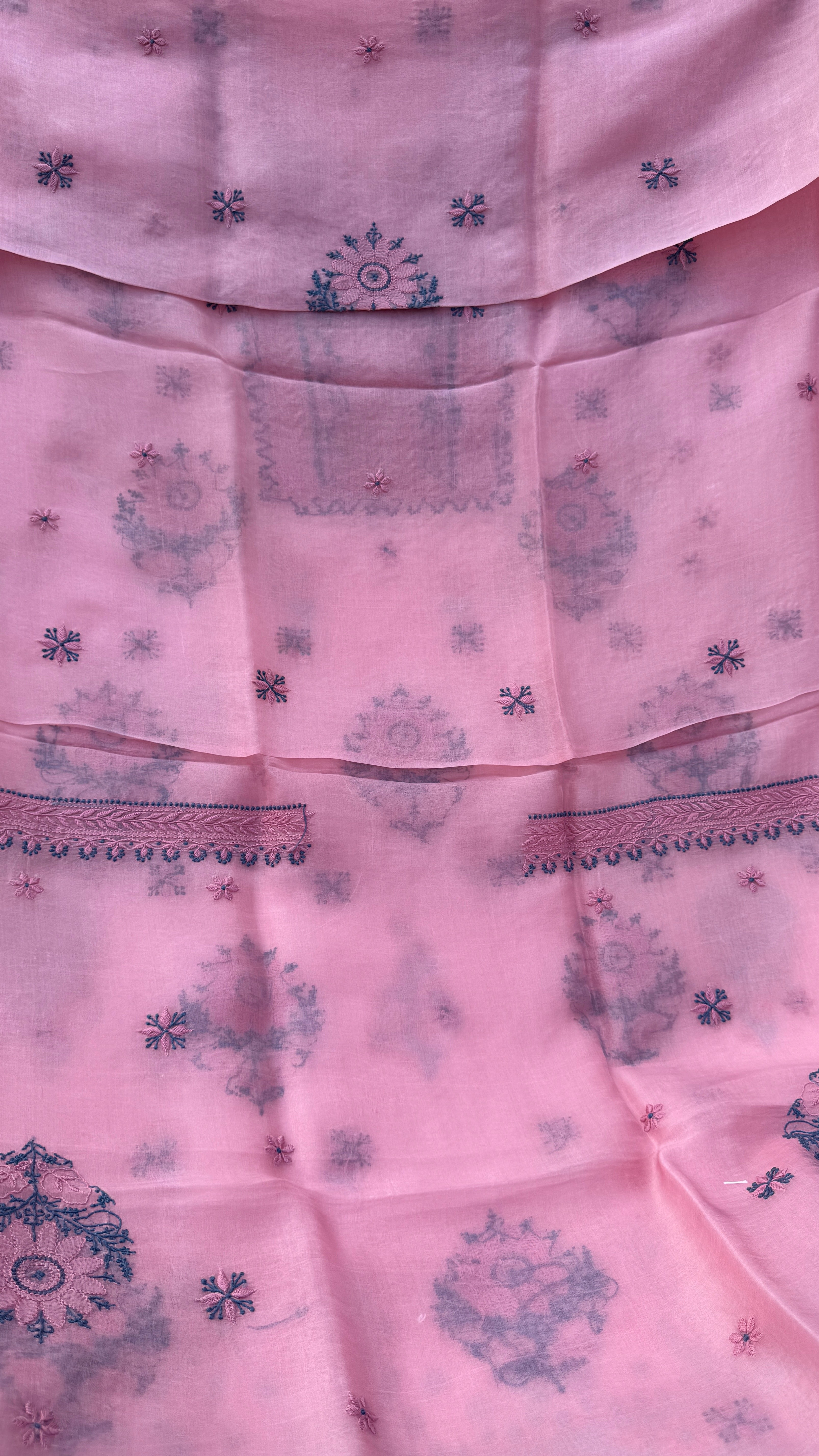 Pure Organza Lucknow Chikankari Unstitched Suit Set - Pink multi-color