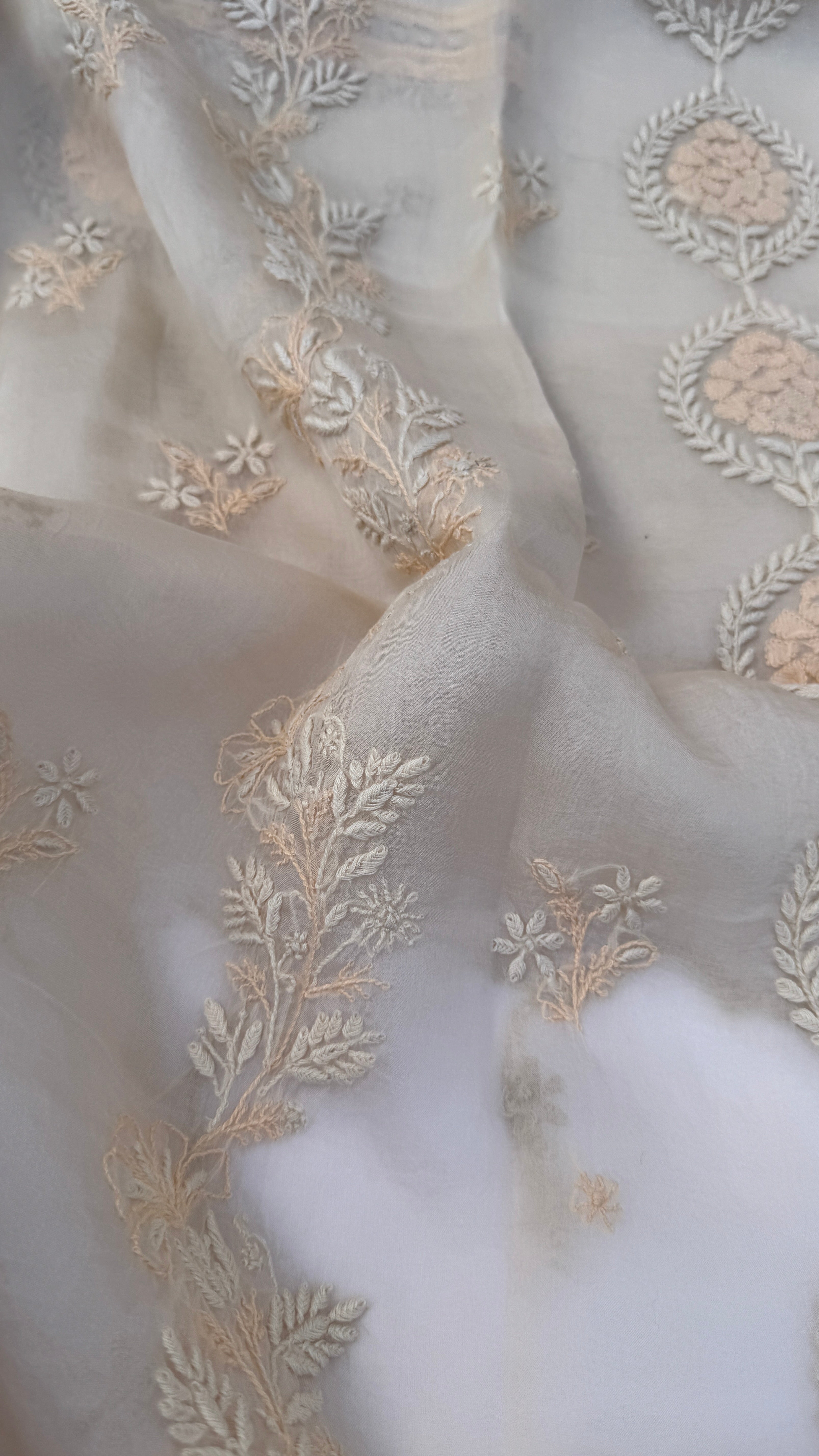 Pure Organza Lucknow Chikankari Unstitched Suit Set - Cream multi-color
