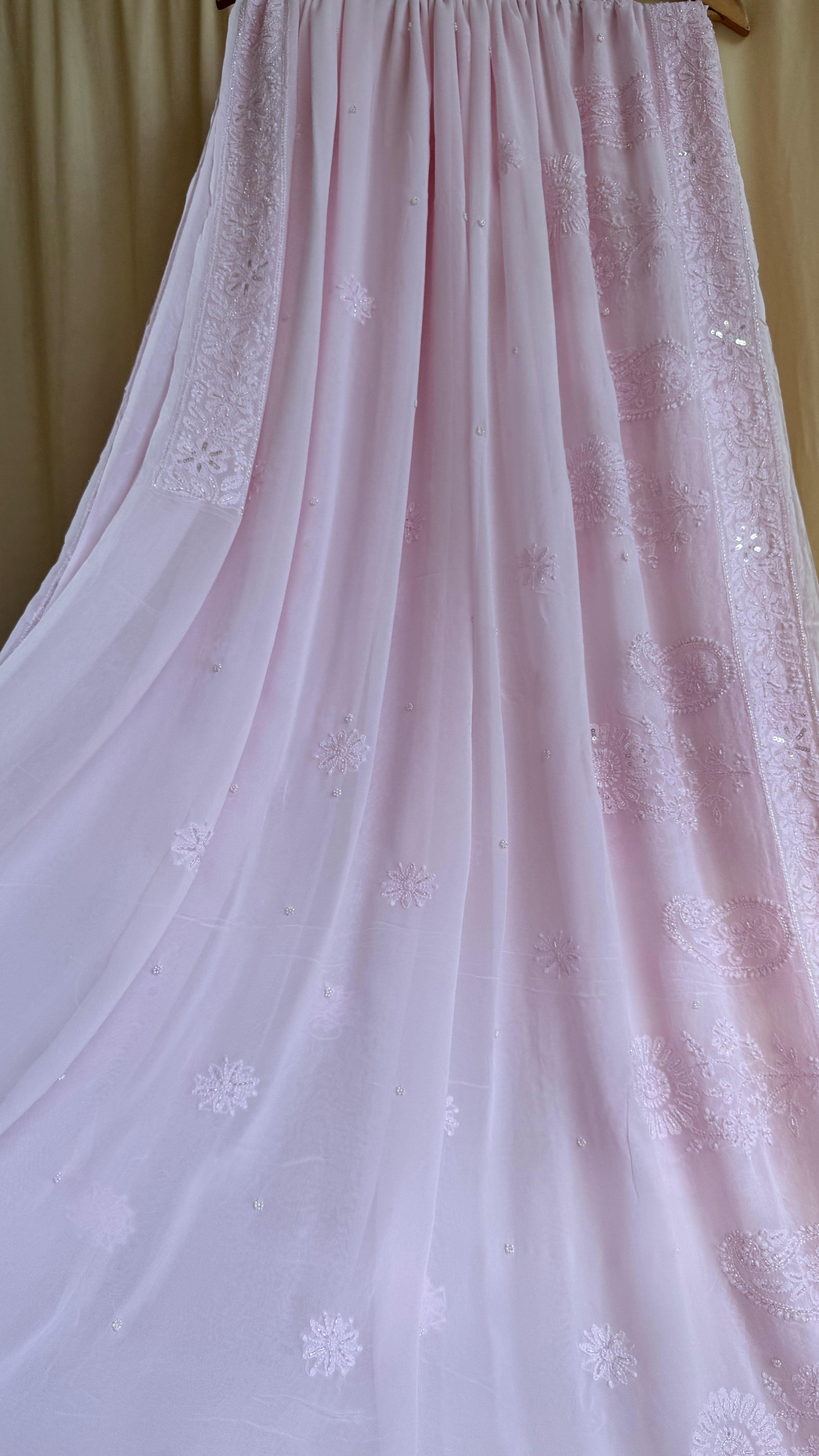 Viscose Chikankari saree with Pearl embellishments - Baby Pink - AriAA Chikankari