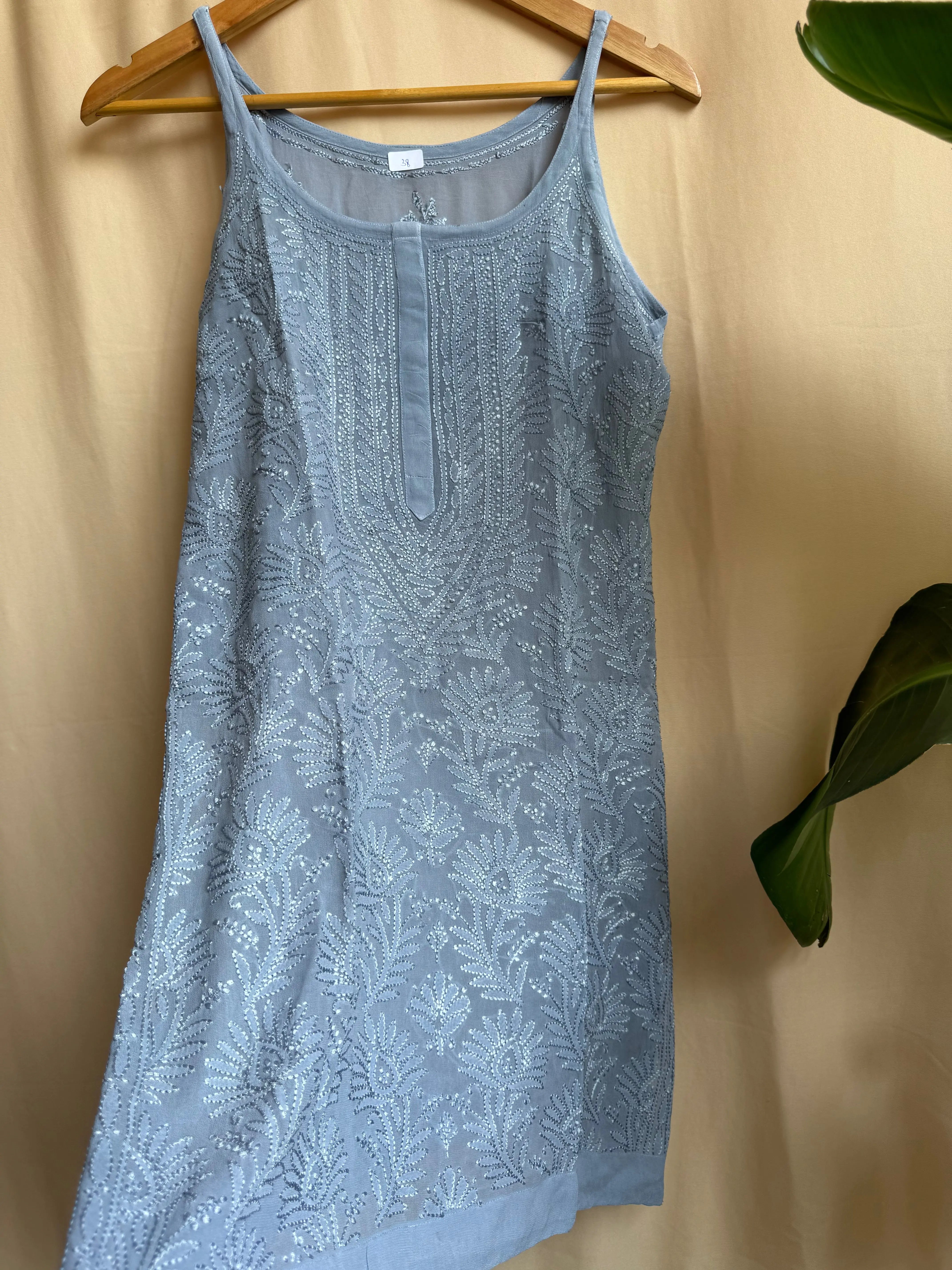 Chikankari Noodle Strap Top in Grey - ARIAA CHIKANKARI