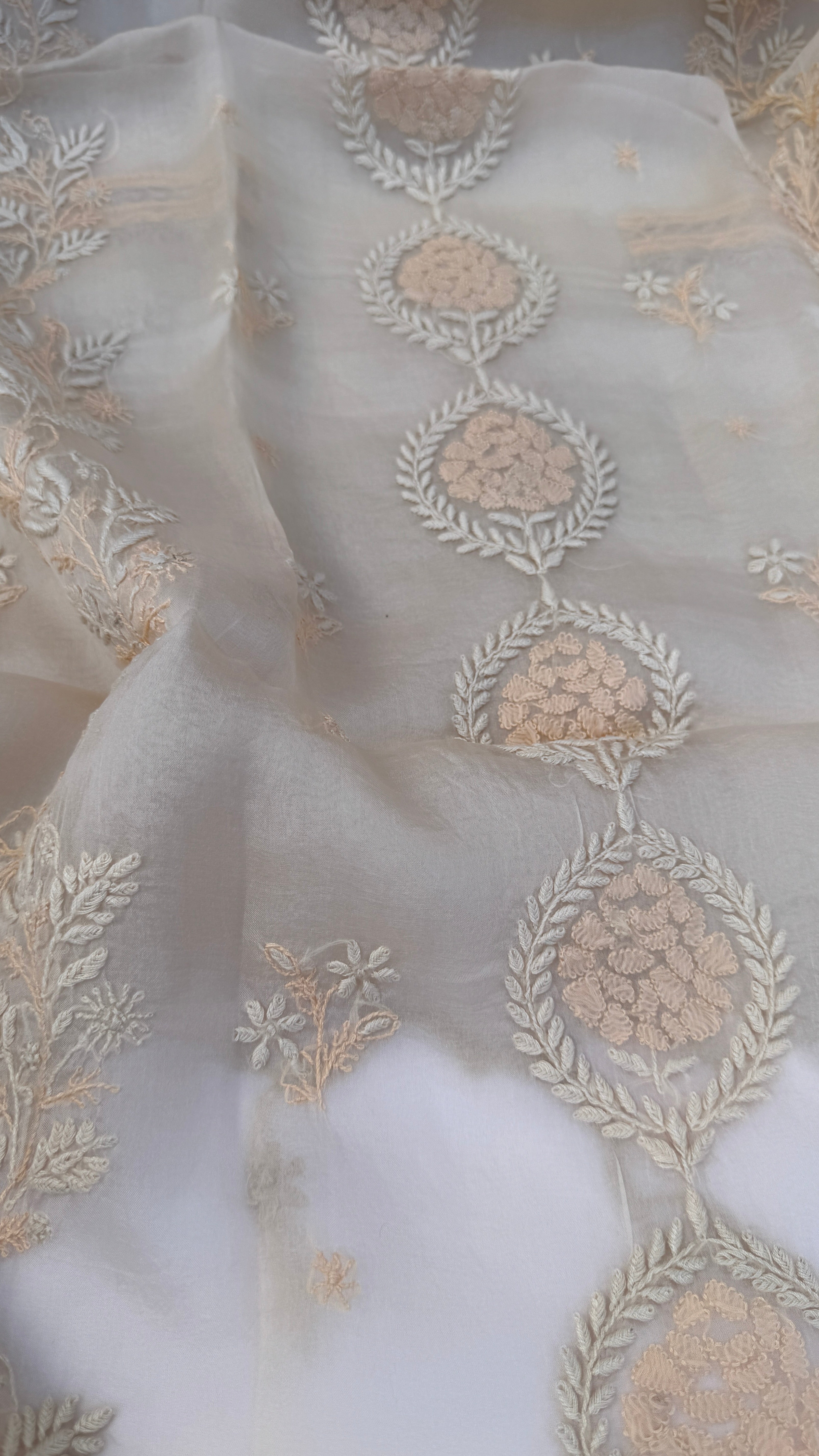 Pure Organza Lucknow Chikankari Unstitched Suit Set - Cream multi-color