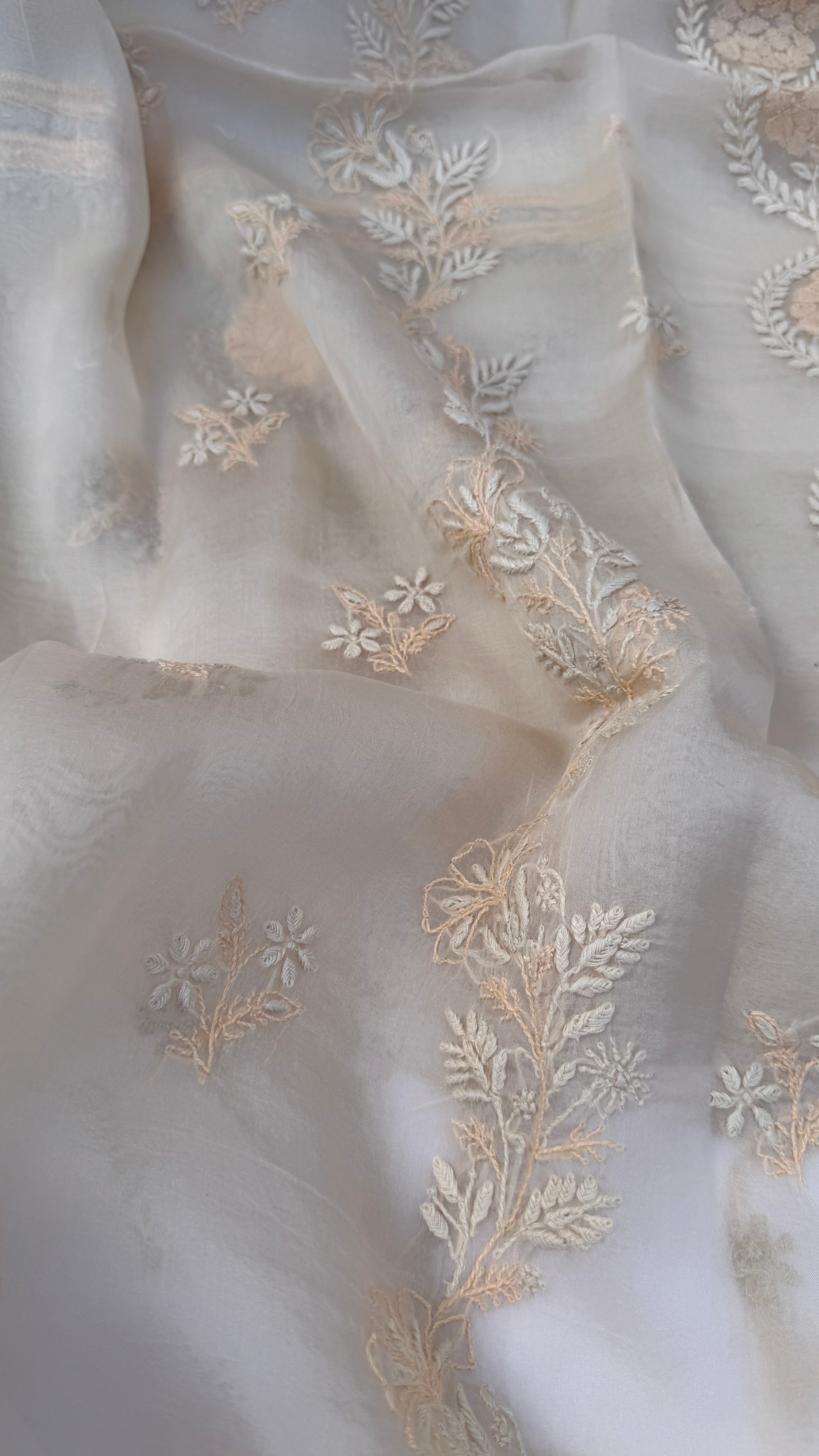Pure Organza Lucknow Chikankari Unstitched Suit Set - Cream multi-color