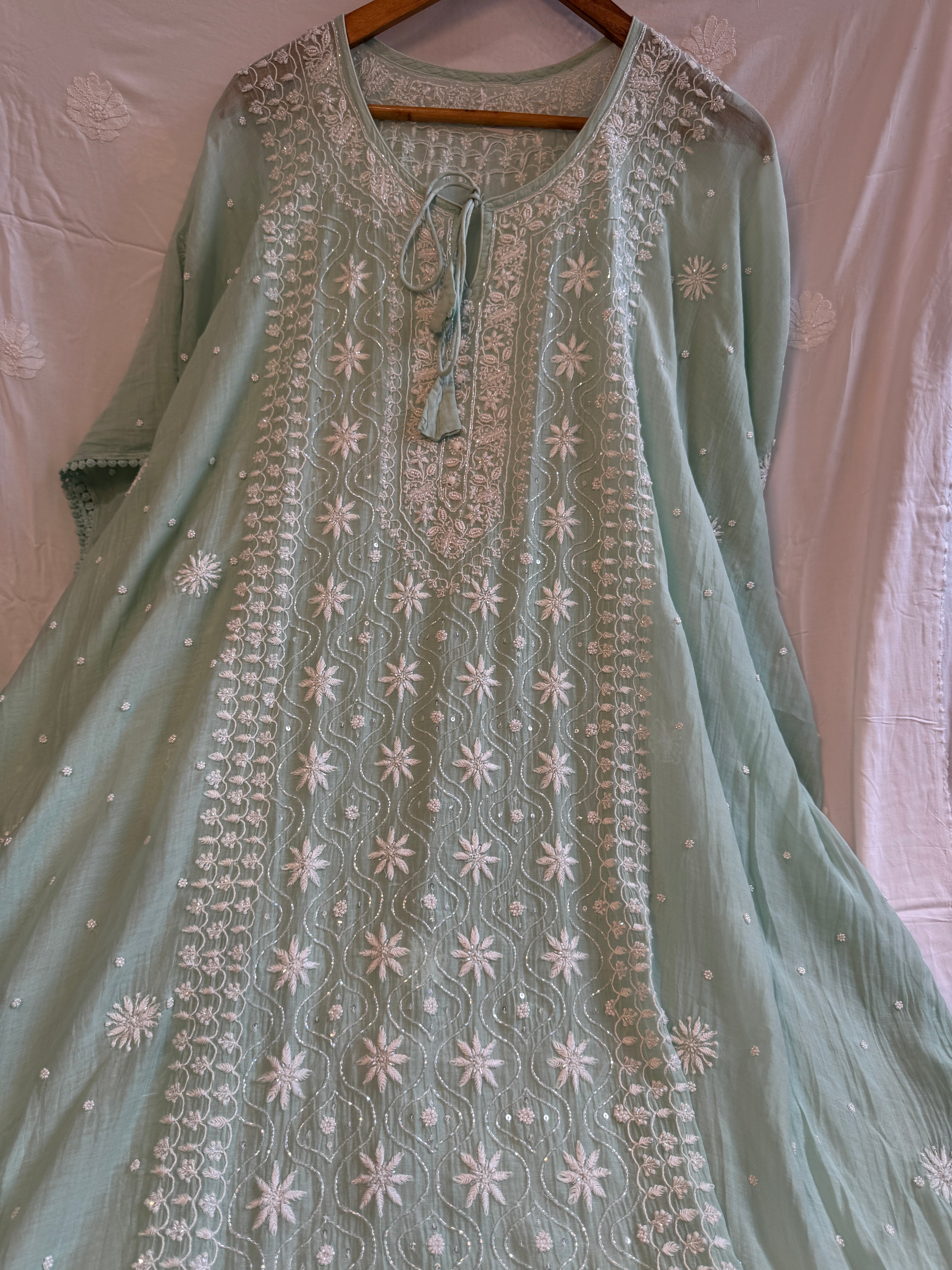 Mul Chanderi Chikankari Kaftan - Green