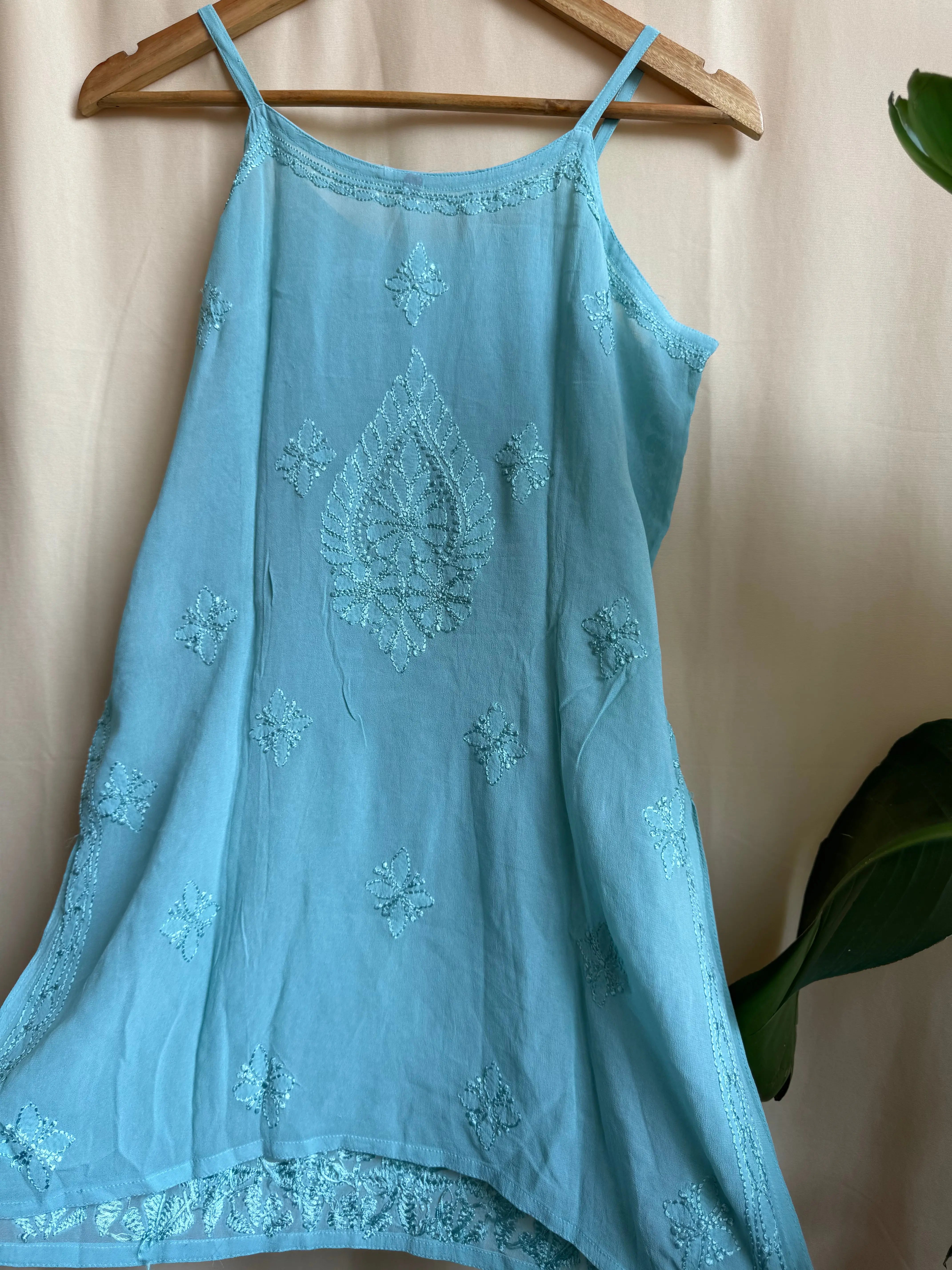 Chikankari Noodle Strap Top in Tiffany Green - ARIAA CHIKANKARI