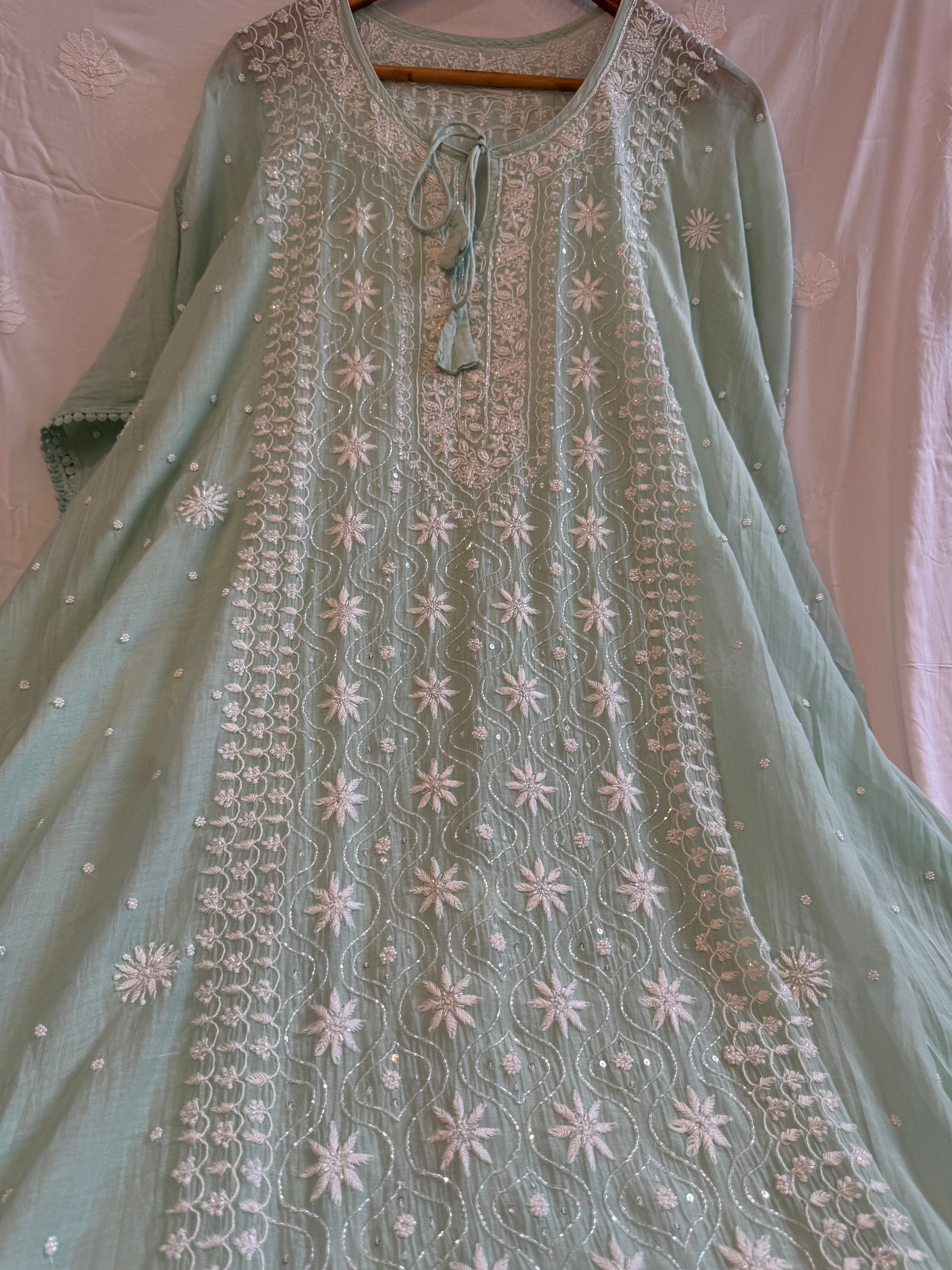 Mul Chanderi Chikankari Kaftan - Green