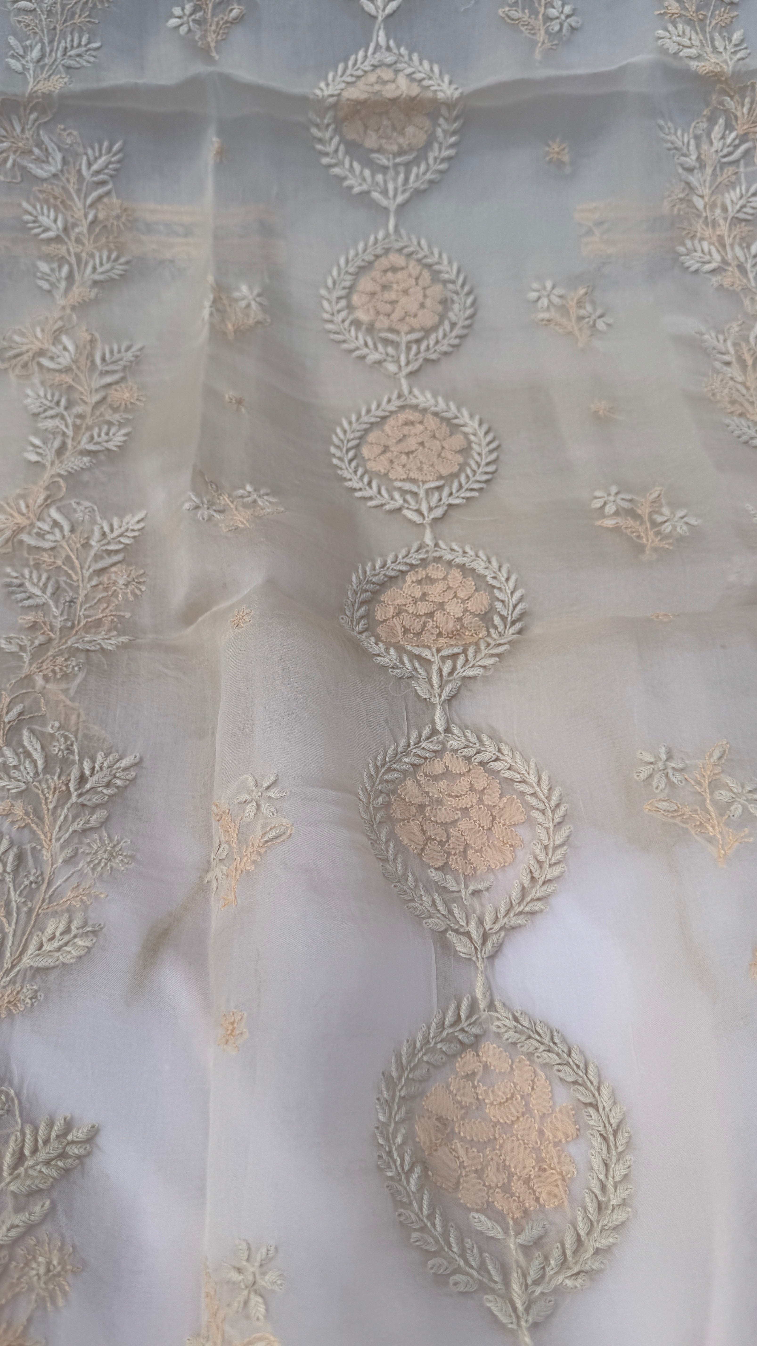 Pure Organza Lucknow Chikankari Unstitched Suit Set - Cream multi-color