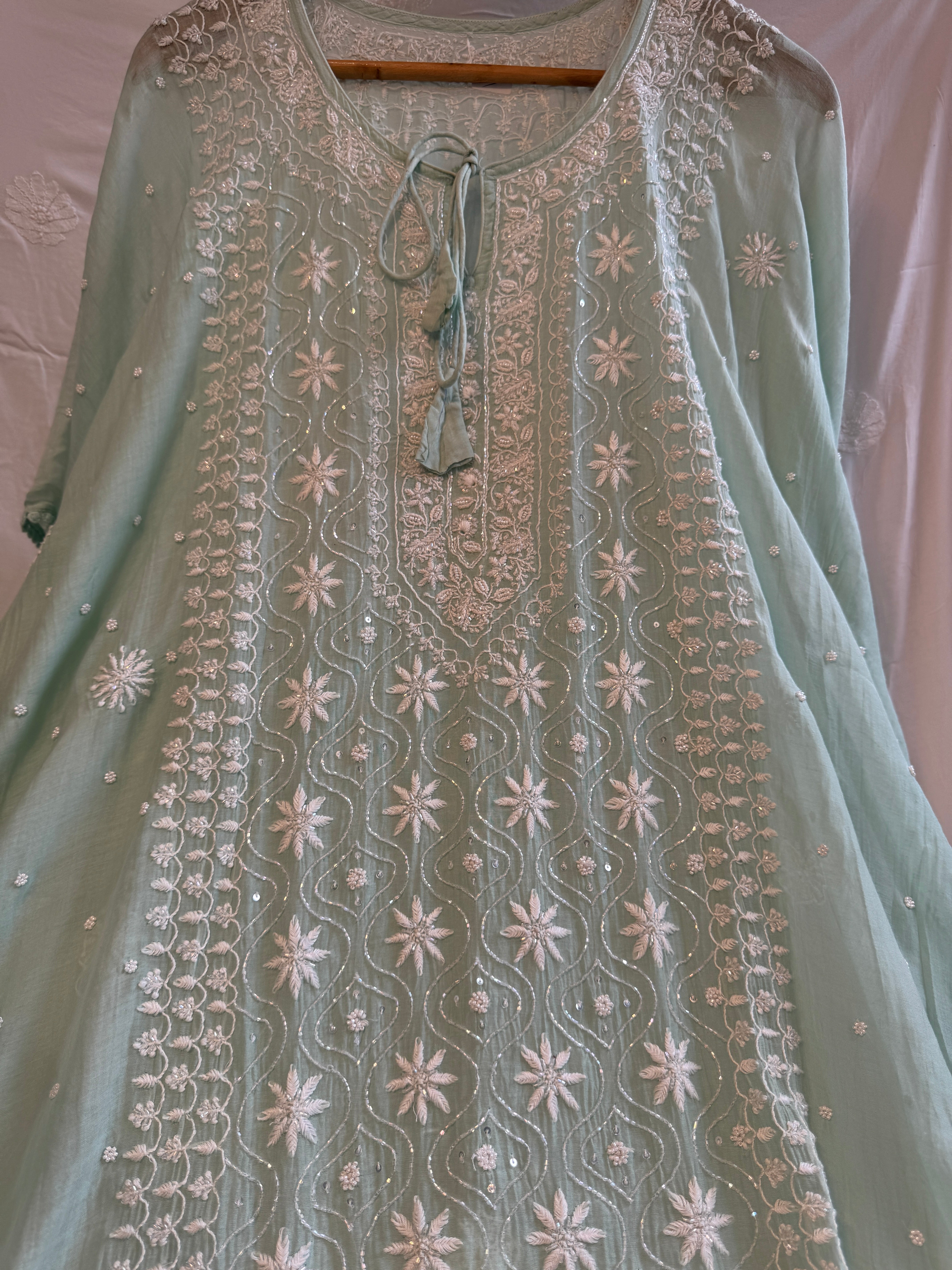 Mul Chanderi Chikankari Kaftan - Green
