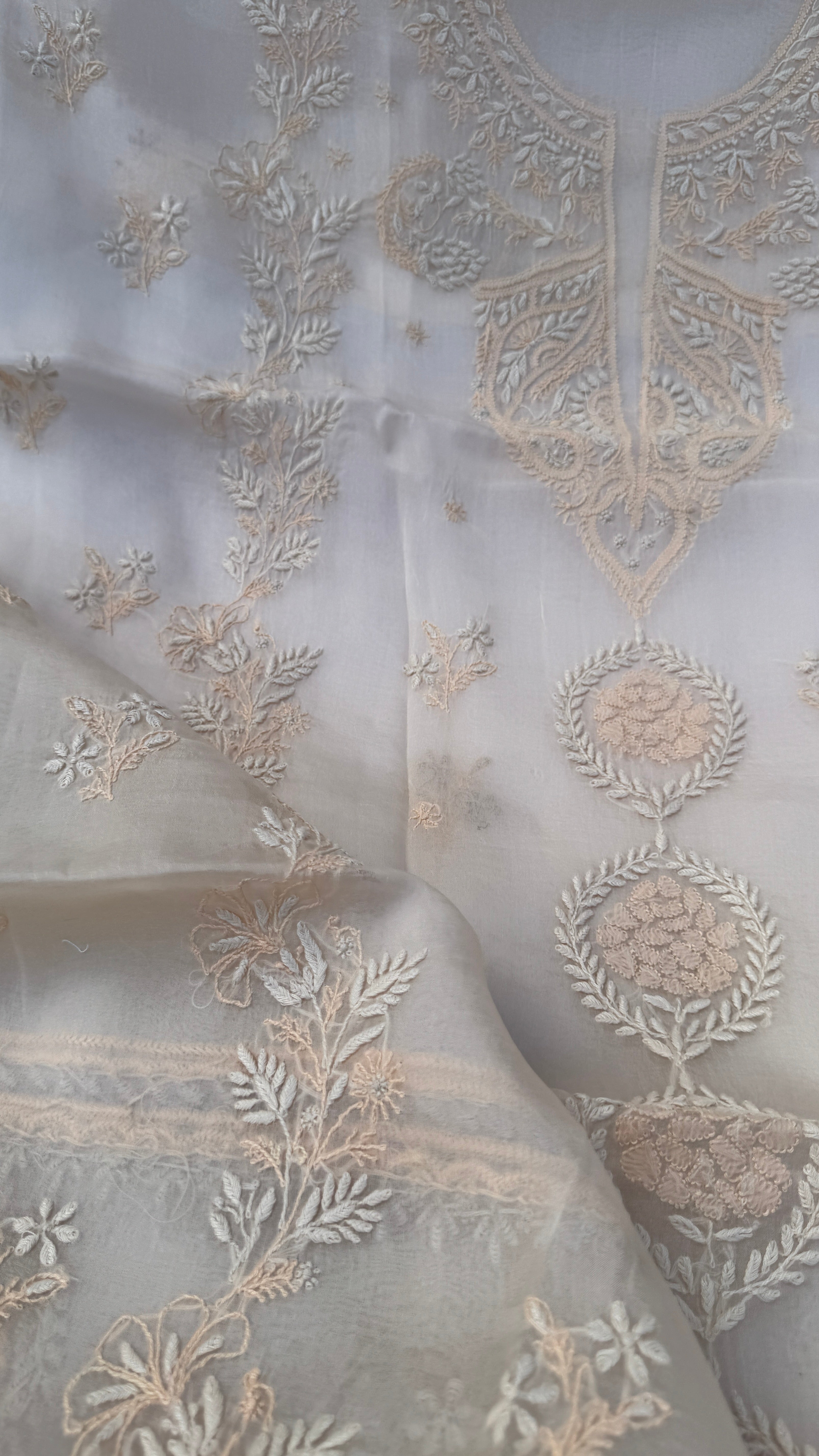 Pure Organza Lucknow Chikankari Unstitched Suit Set - Cream multi-color