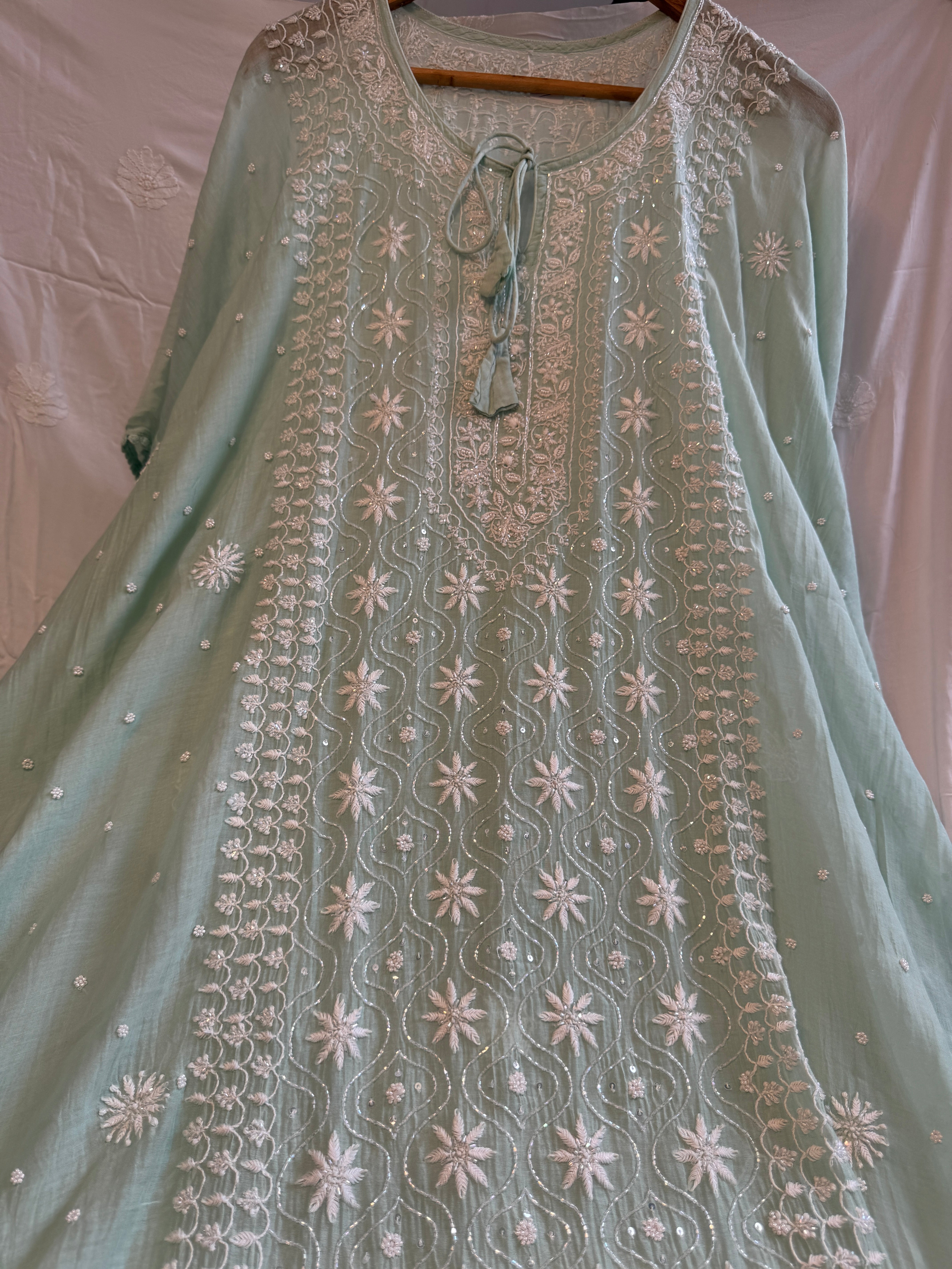 Mul Chanderi Chikankari Kaftan - Green