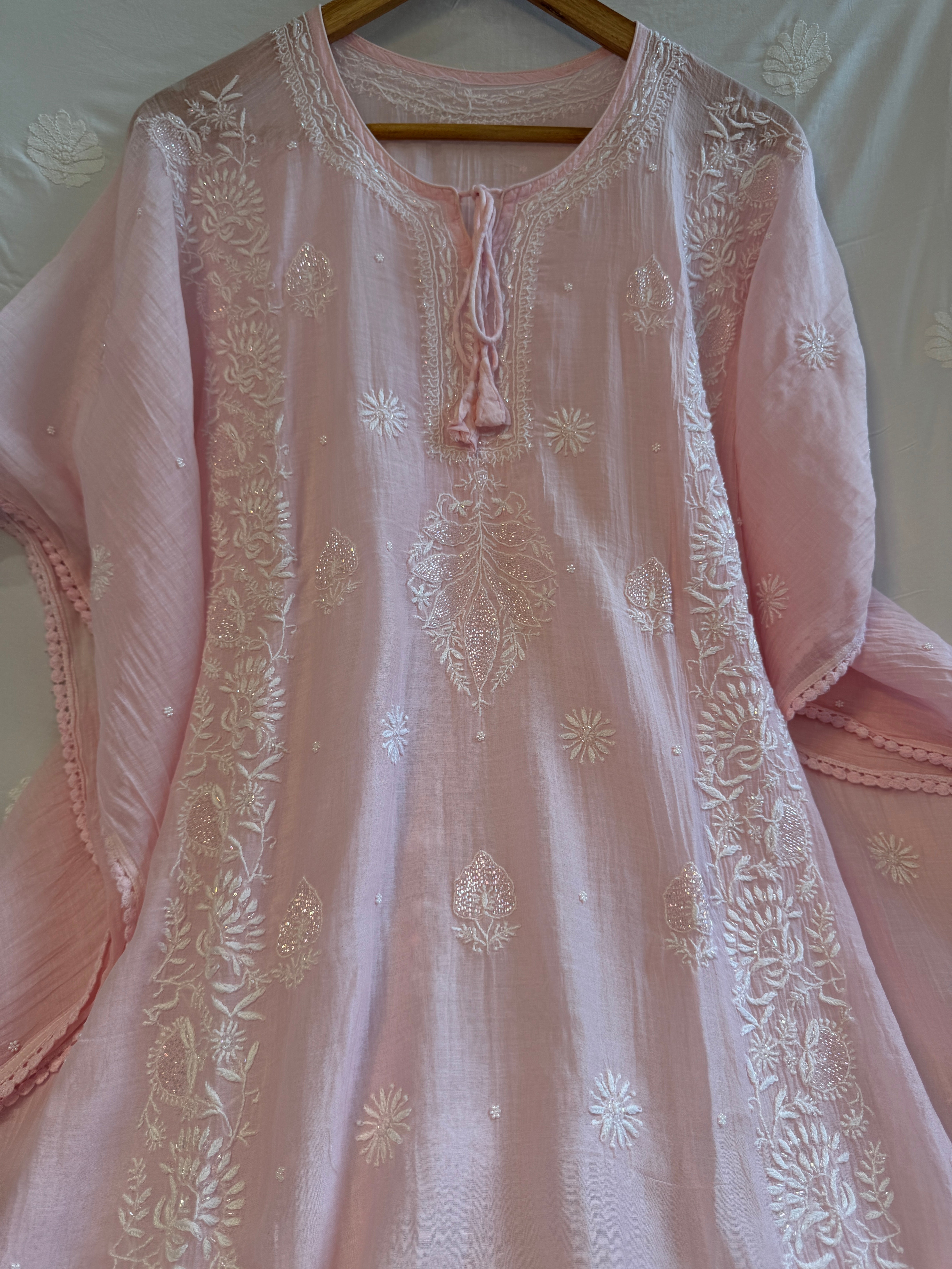 Mul Chanderi Chikankari Kaftan - Pink
