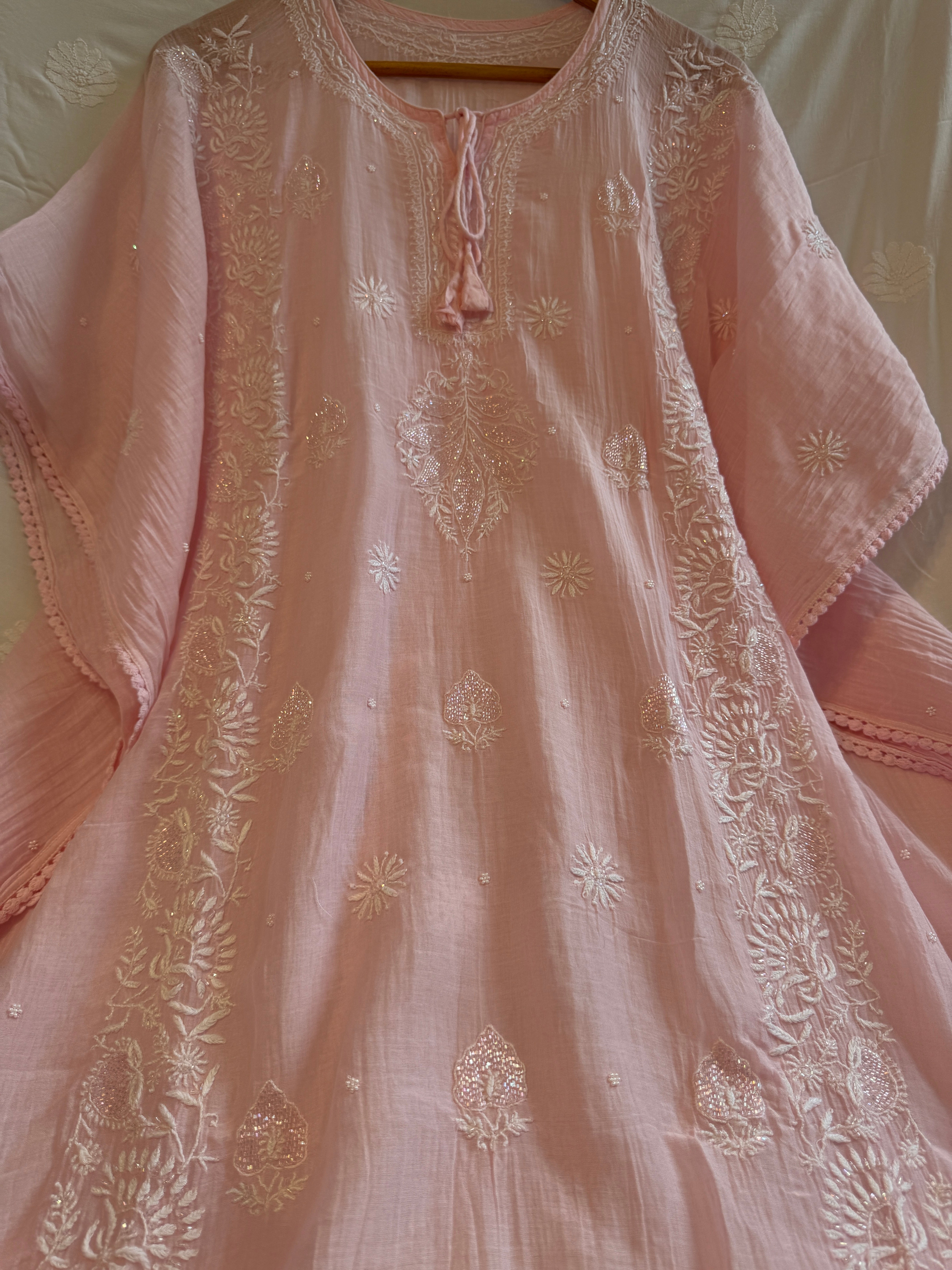 Mul Chanderi Chikankari Kaftan - Pink