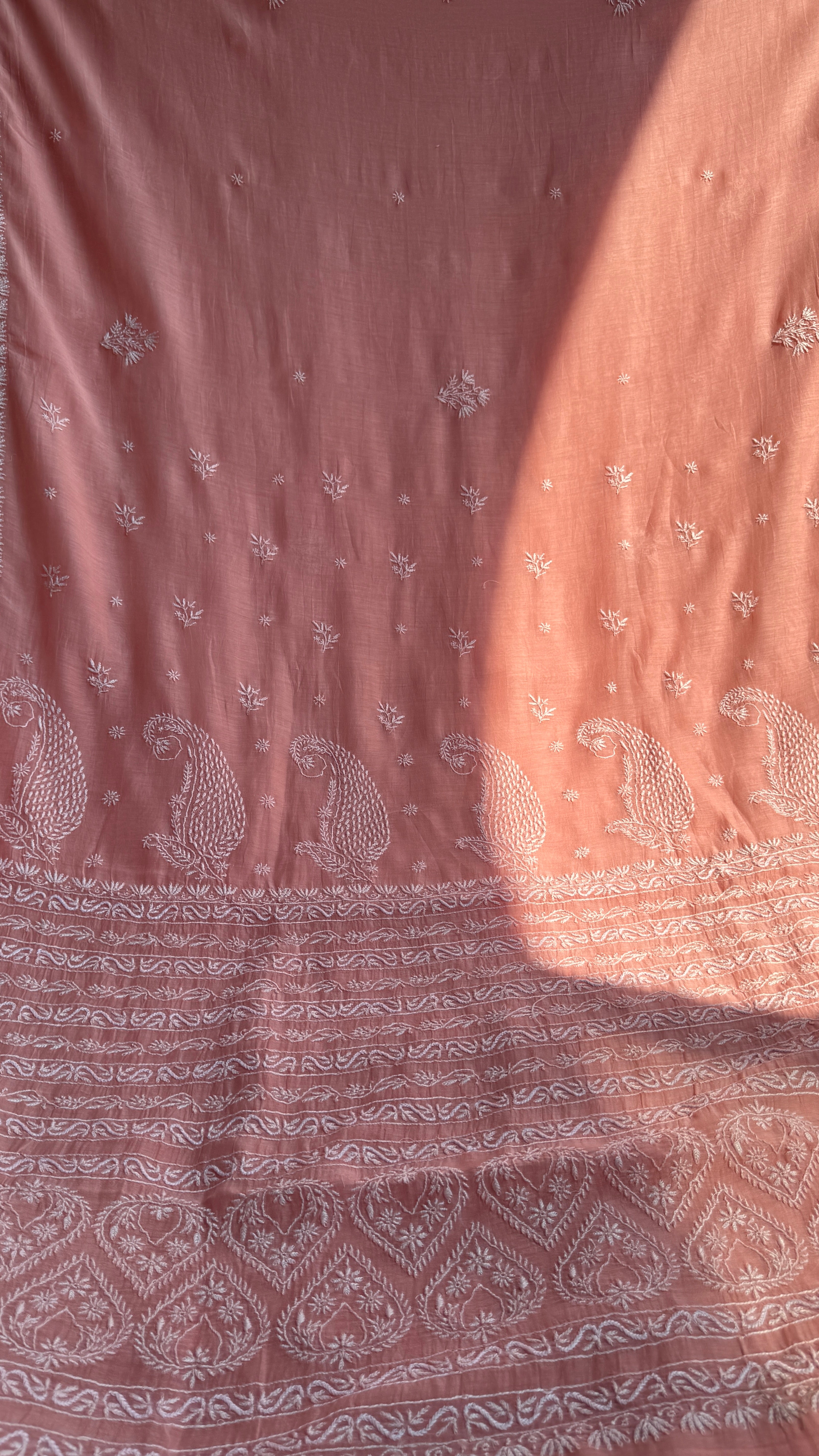 Pure Mul Chanderi Chikankari saree in Peach
