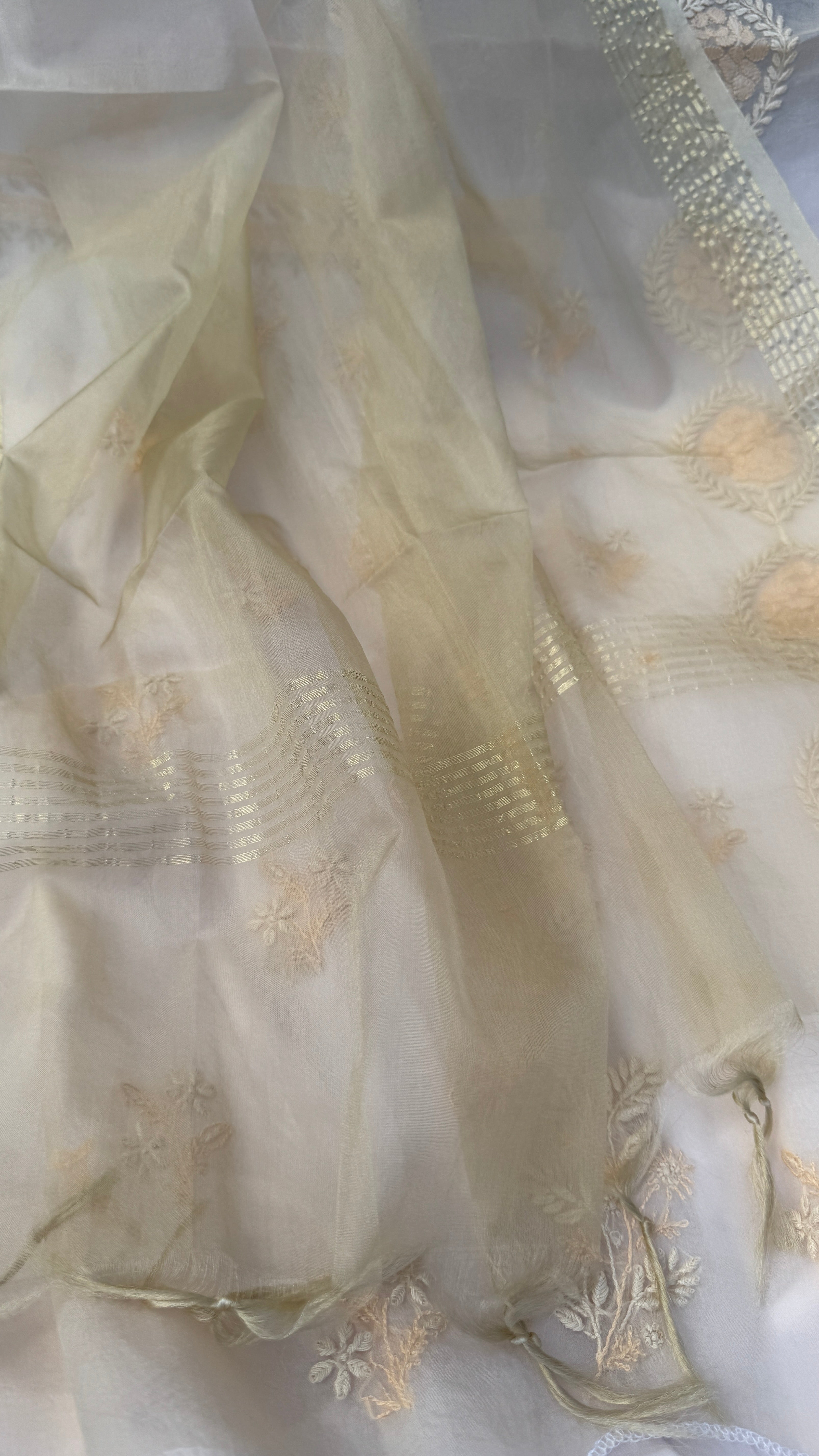 Pure Organza Lucknow Chikankari Unstitched Suit Set - Cream multi-color