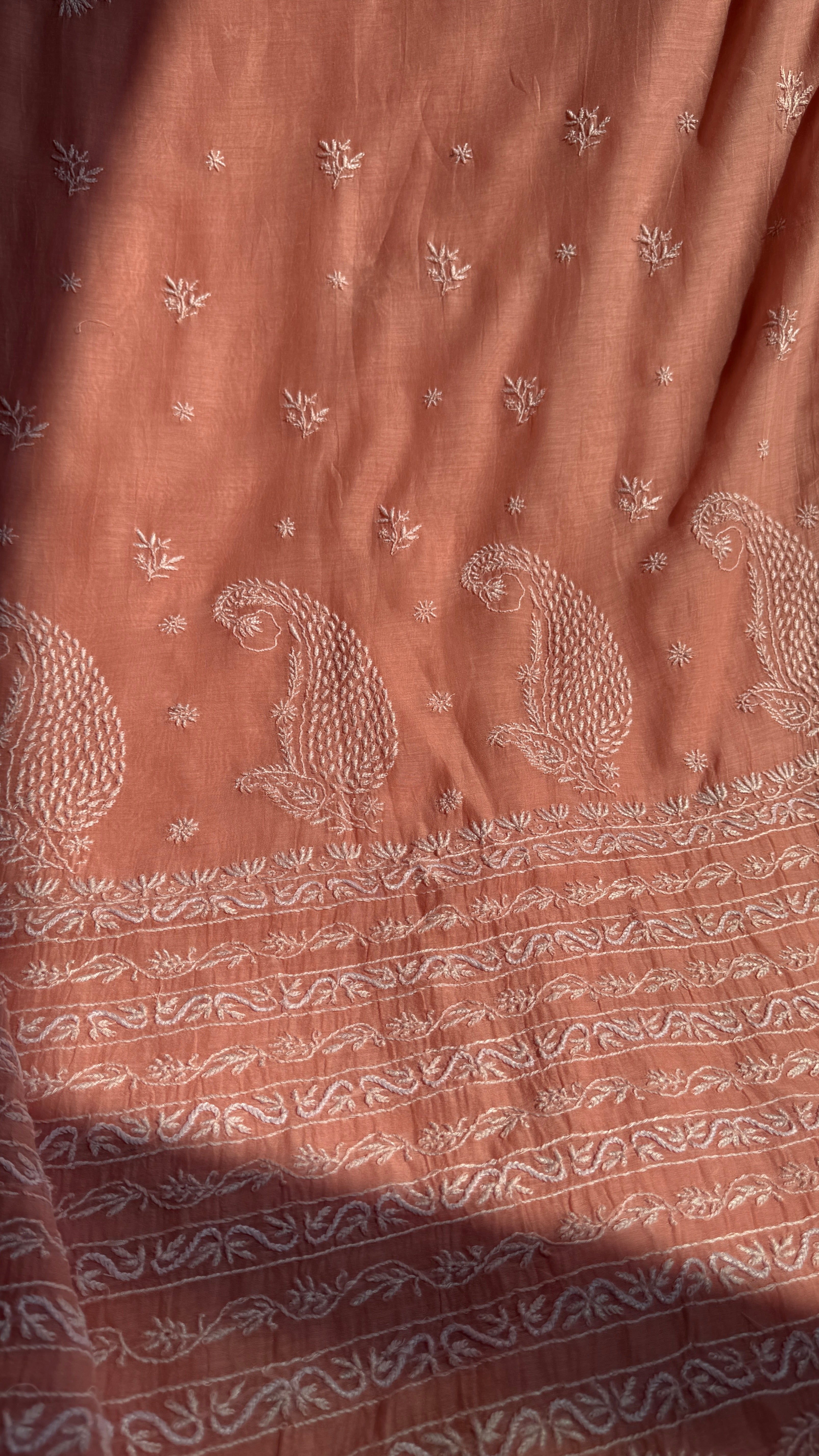 Pure Mul Chanderi Chikankari saree in Peach