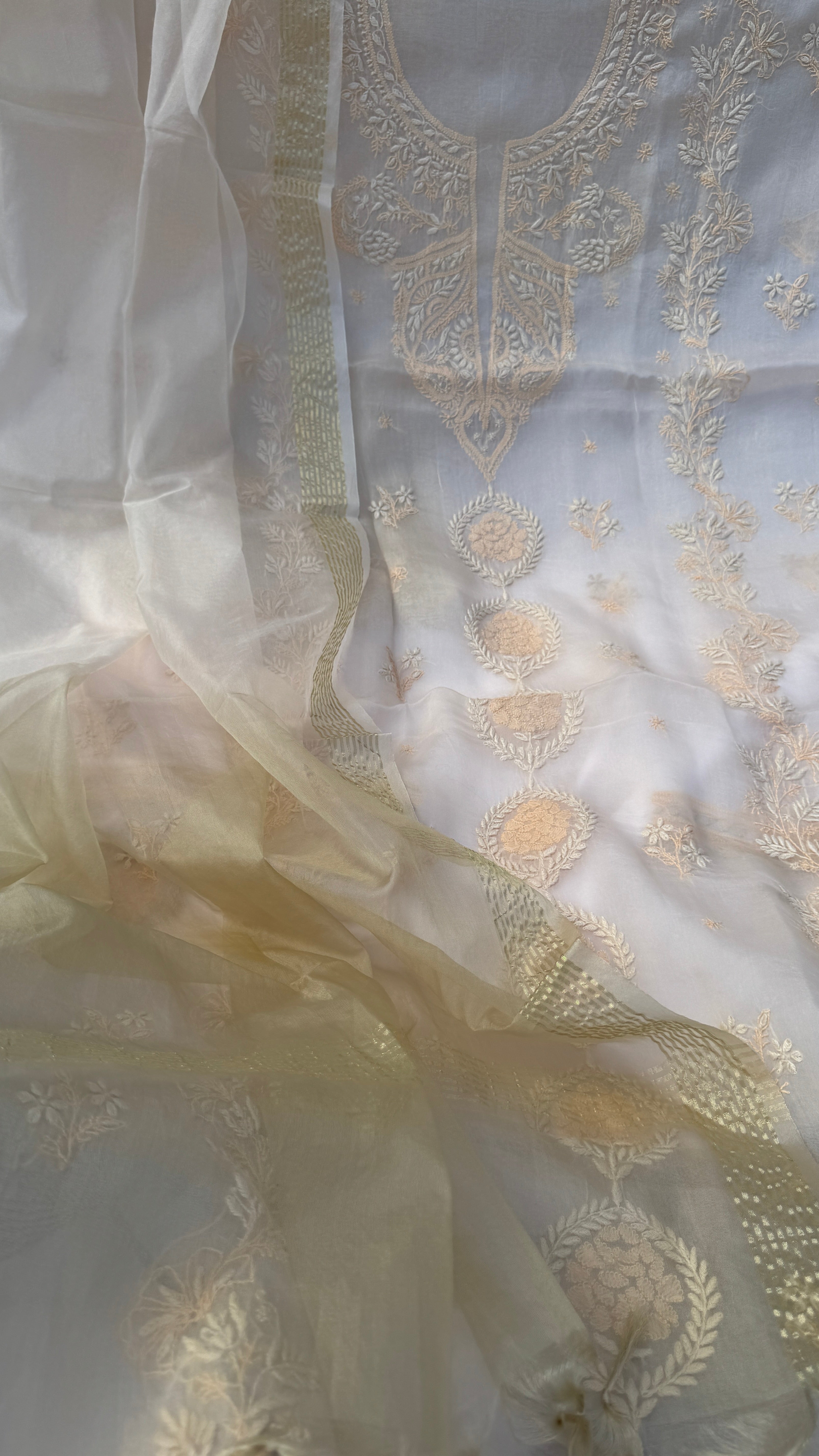 Pure Organza Lucknow Chikankari Unstitched Suit Set - Cream multi-color